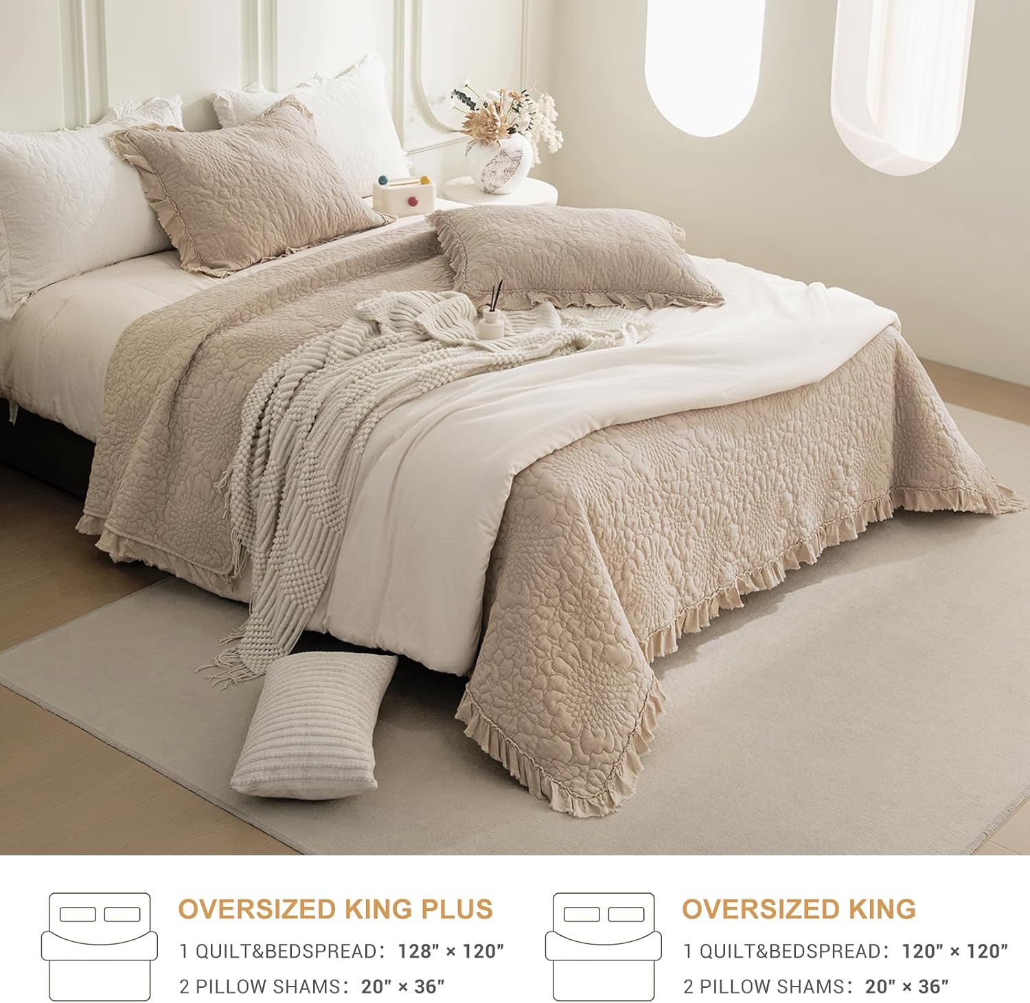 QSH Dark Wheat Stonewashed Cotton Oversized King Quilt Bedspread Set(128'x120'),3PCs Farmhouse Ruffled Bedspread California King,Shabby Soft Lightweight Crinkled Quilt Coverlet Bed with Pillow Shams