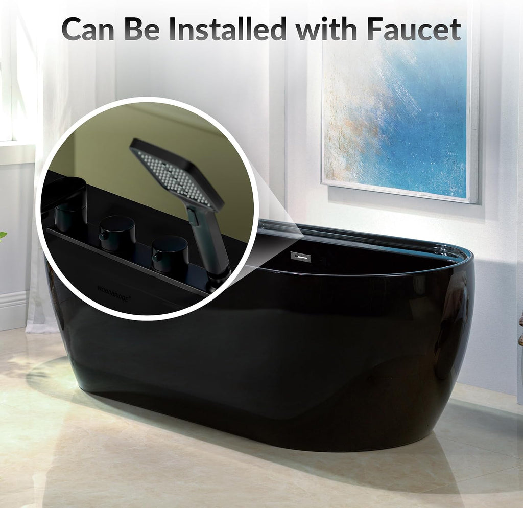 WOODBRIDGE 72' L x 35-3/8' W Freestanding Contemporary Acrylic Soaking Bathtub in Glossy Black Inside and Outside with Brushed Nickel Drain & Overflow,B8859-BN