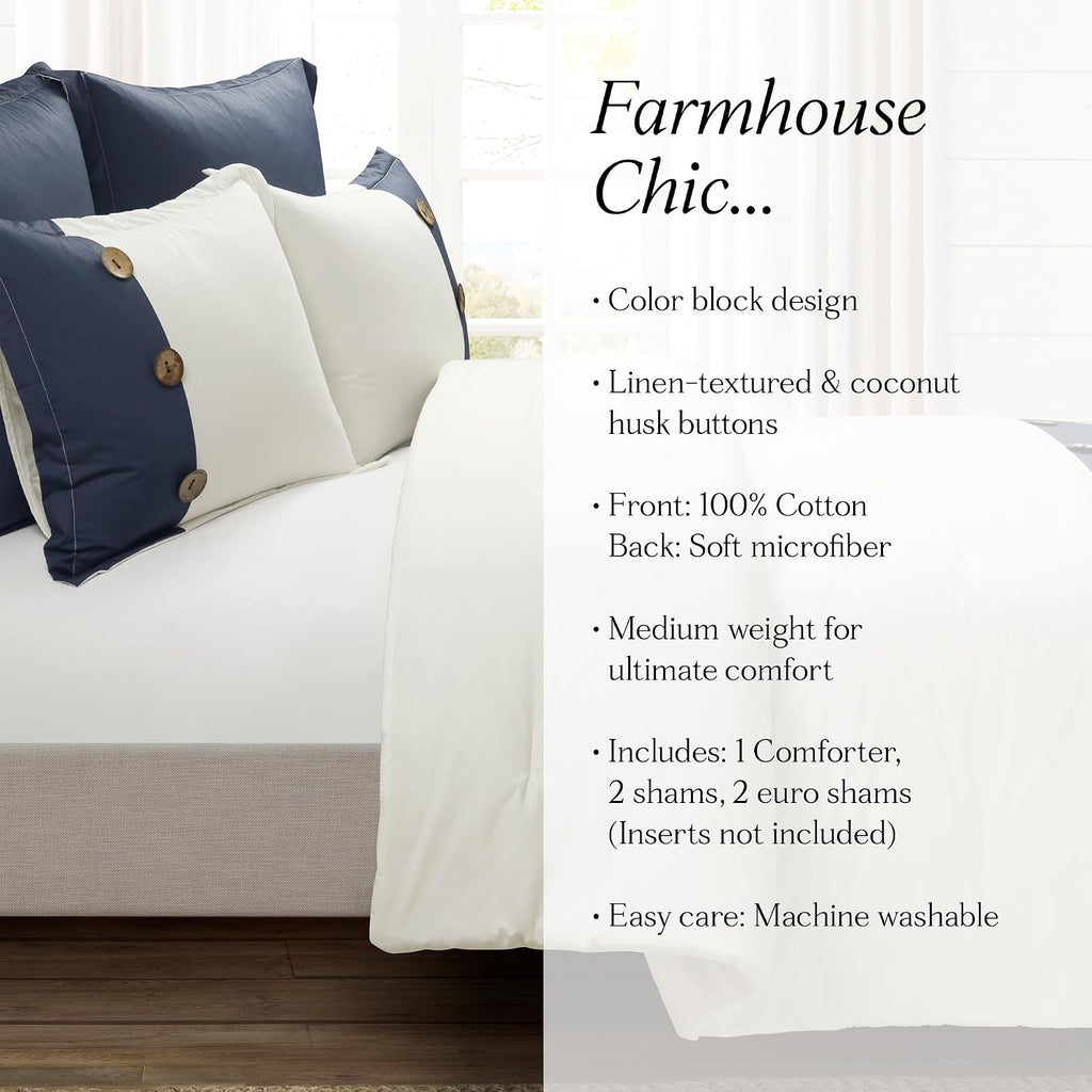 Lush Decor Linen Button Farmhouse 5 Piece Comforter Set, Full/ Queen, Navy - Rustic Chic Bedding Set With Euro Shams - Modern Color Block Design With Coconut Husk Button Detail