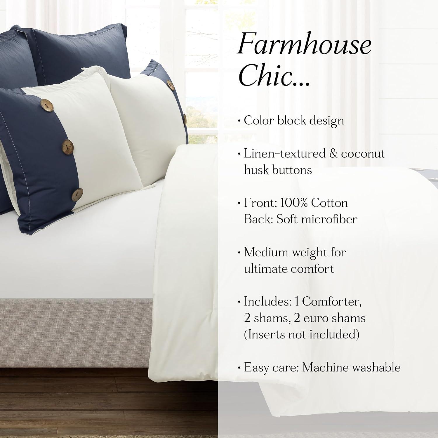 Lush Decor Linen Button Farmhouse 5 Piece Comforter Set, Full/ Queen, Navy - Rustic Chic Bedding Set With Euro Shams - Modern Color Block Design With Coconut Husk Button Detail