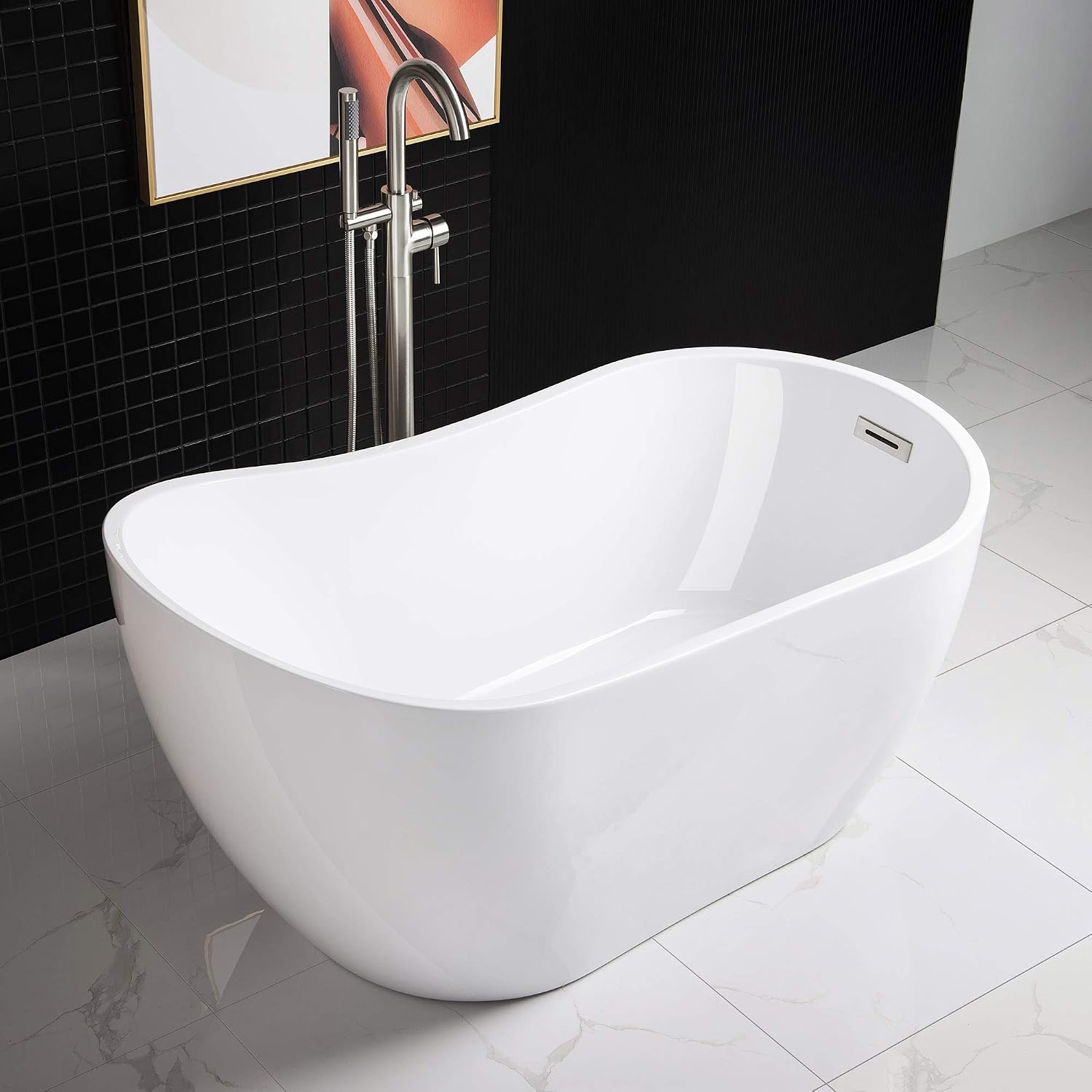 WOODBRIDGE Acrylic Freestanding Bathtub Contemporary Soaking Tub with Brushed Nickel Overflow and Drain B-0006-B/N-Drain &O, 54' B-0006