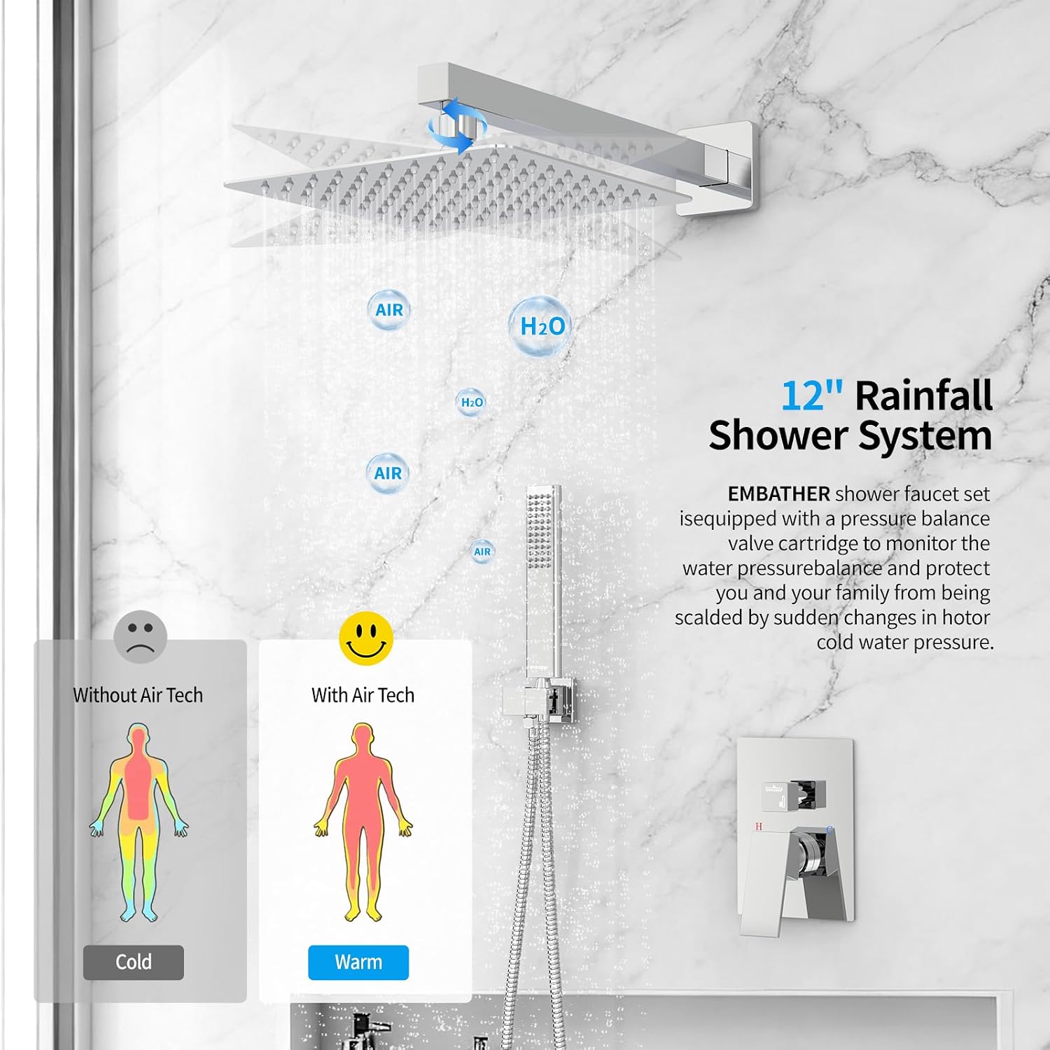 EMBATHER Shower System Chrome Shower Faucet Sets with 12' Rain Shower Head For Bathroom, Wall Mounted Square Shower Combo Set With Adjustable Handheld Bracket (Contain Rough-in Valve & Trim)