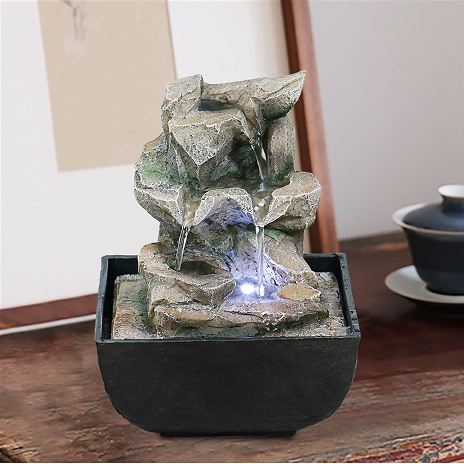 Tabletop Fountain Indoor Fountains Tabletop Fountain with LED Lights - 3-Step Rock Falls Indoor Waterfall Feature - Calming and Relaxing Water Sound Home Decor Meditation Fountain Relaxation Tabletop
