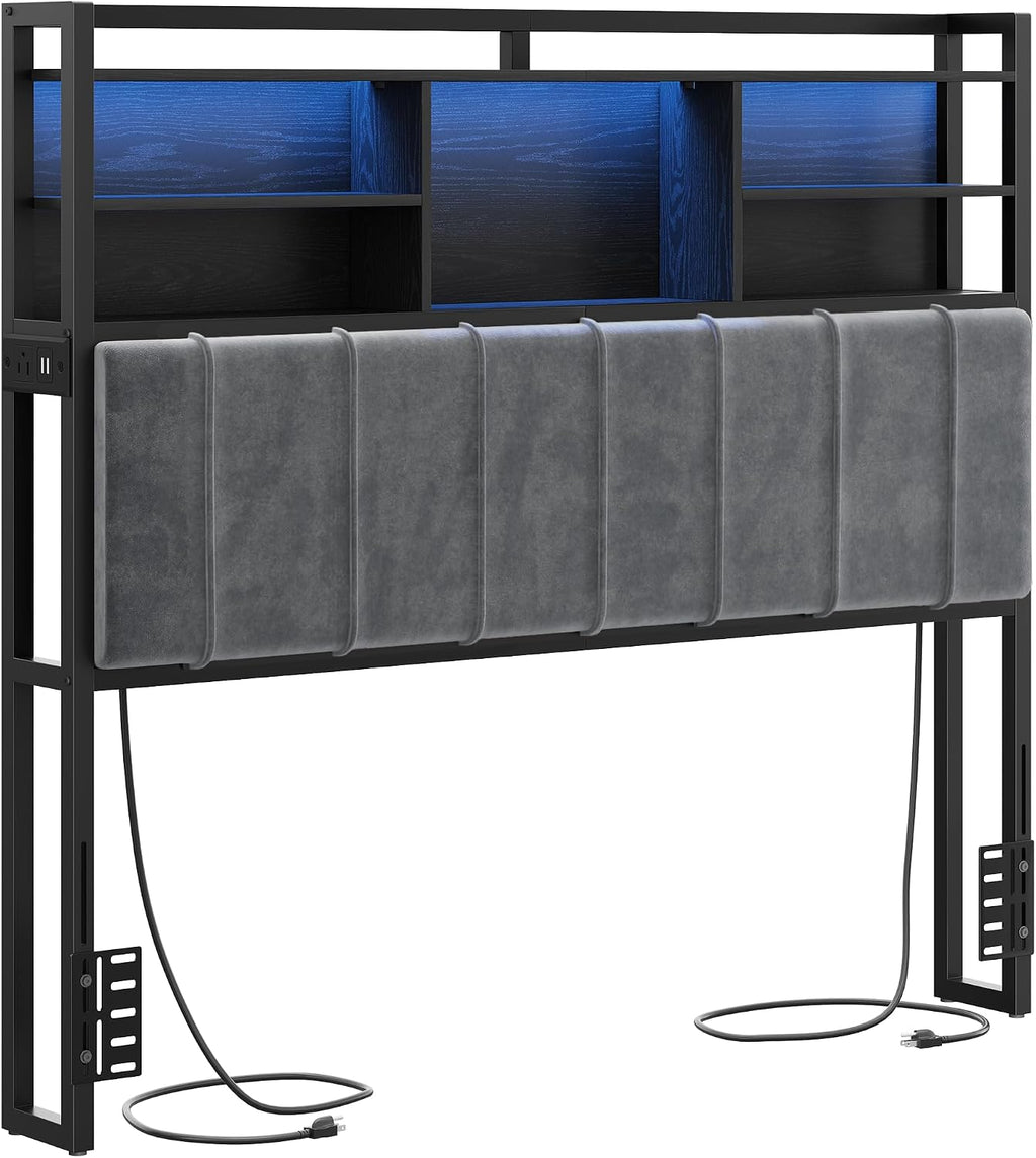 Hzuaneri Headboard with 3-Tier Storage Shelves, Velvet Upholstered Head Board with 2 Outlets, USB Ports & LED Light, Soft Backrest for Full Size Bed, Black BH13804B