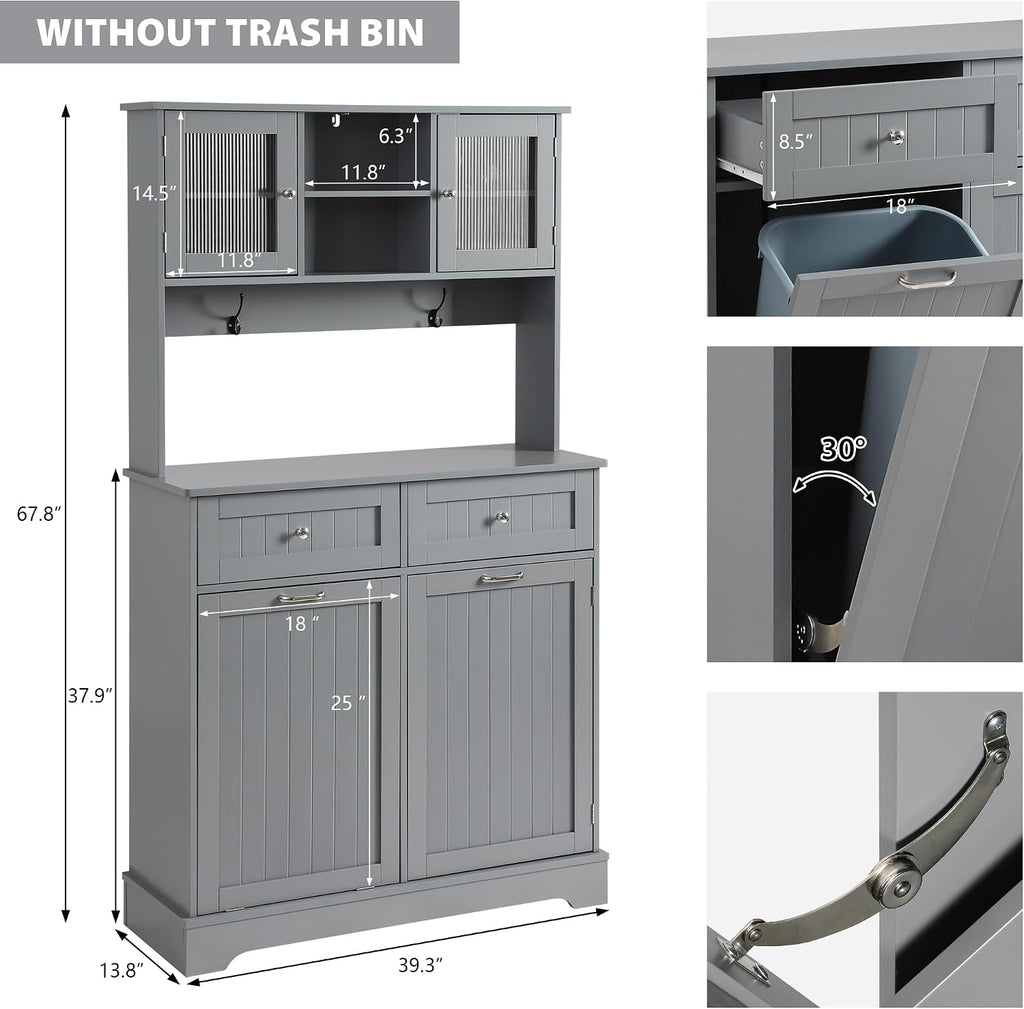 Tilt Out Trash Cabinet,Storage Cabinet,Two Solid Wood Hideaway Trash Holder Drawers,Wooden Freestanding Recycling Cabinets,Trash Can for Kitchen,Gray