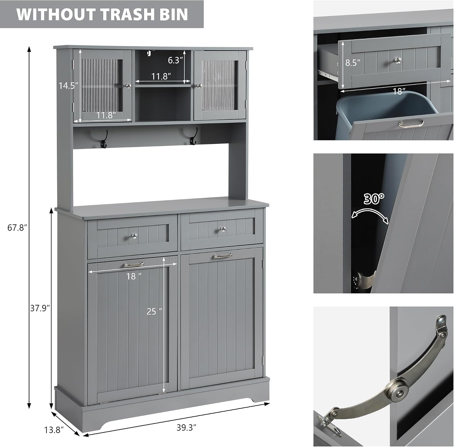 Tilt Out Trash Cabinet,Storage Cabinet,Two Solid Wood Hideaway Trash Holder Drawers,Wooden Freestanding Recycling Cabinets,Trash Can for Kitchen,Gray