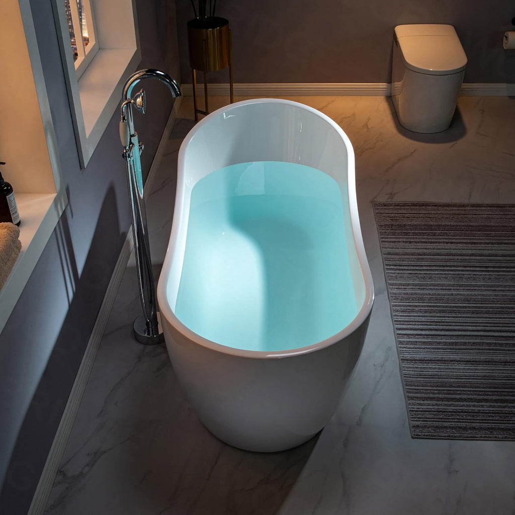 WOODBRIDGE 59' Acrylic Freestanding Bathtub Contemporary Soaking White Tub with Brushed Nickel Overflow and Drain，B1530-B/N-Drain&O