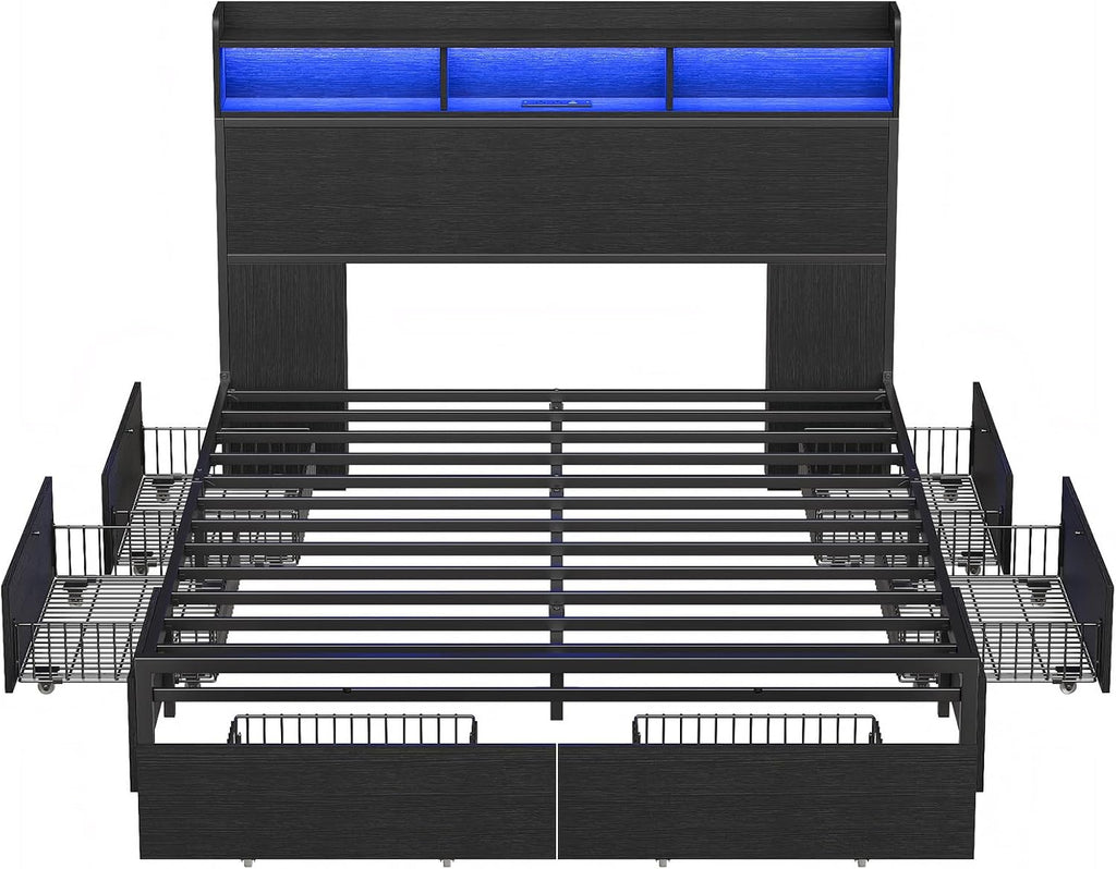 Queen Size Bed Frame with 6 Storage Drawers & Bookcase Headboard, Platform Bed with LED Light and Charging Station, Noise-Free, Easy Assembly, No Box Spring Needed, Black