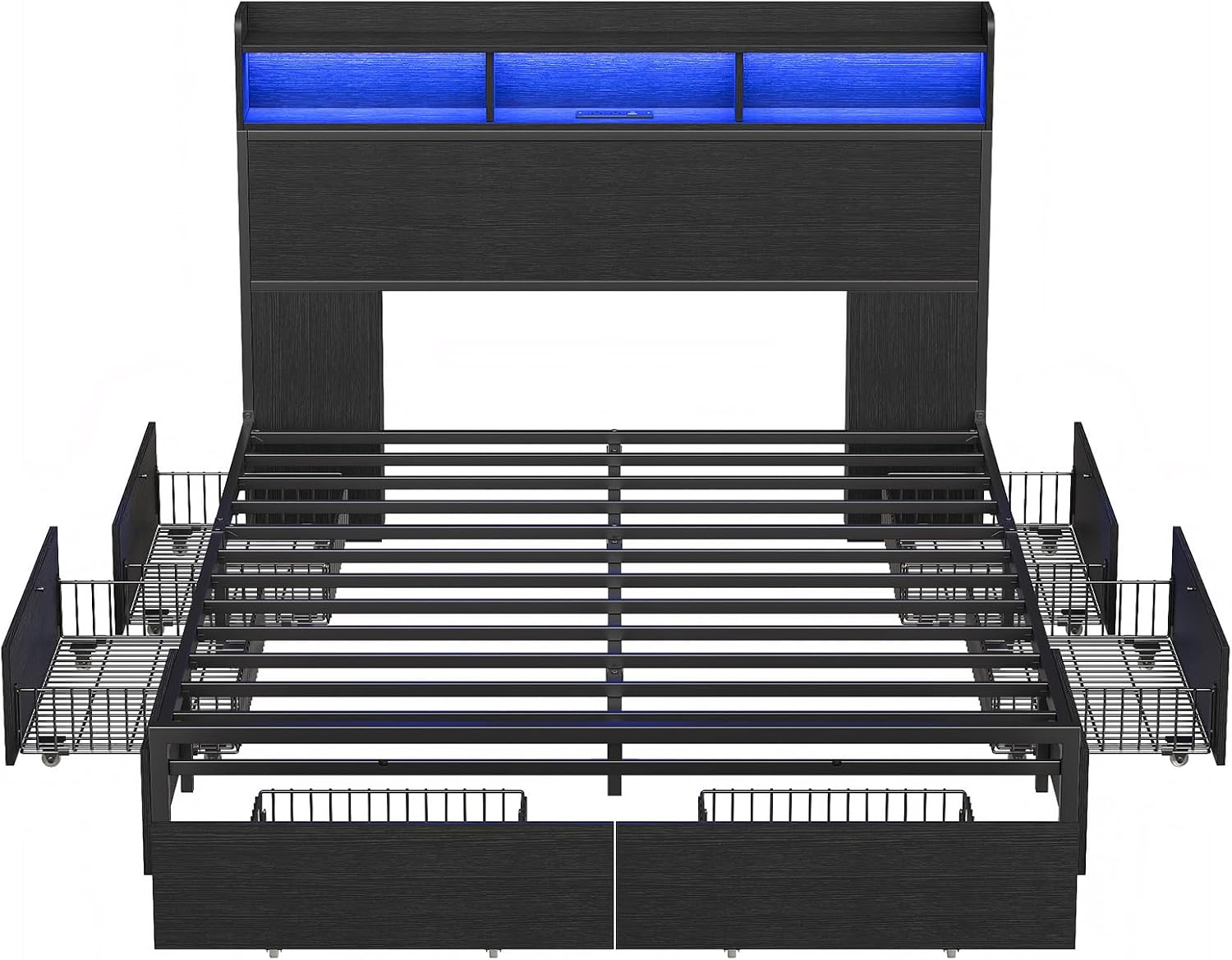 Queen Size Bed Frame with 6 Storage Drawers & Bookcase Headboard, Platform Bed with LED Light and Charging Station, Noise-Free, Easy Assembly, No Box Spring Needed, Black