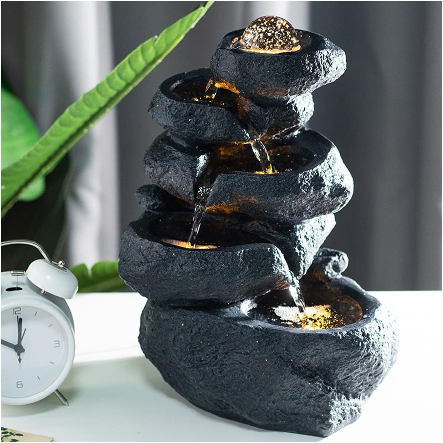Tabletop Fountain Indoor Tabletop Fountain with LED Lights, Decorative Tiered Rock and Waterfall Design, Quiet and Soothing Water Sound, Small 13.7 Inch Desktop Size(Black)