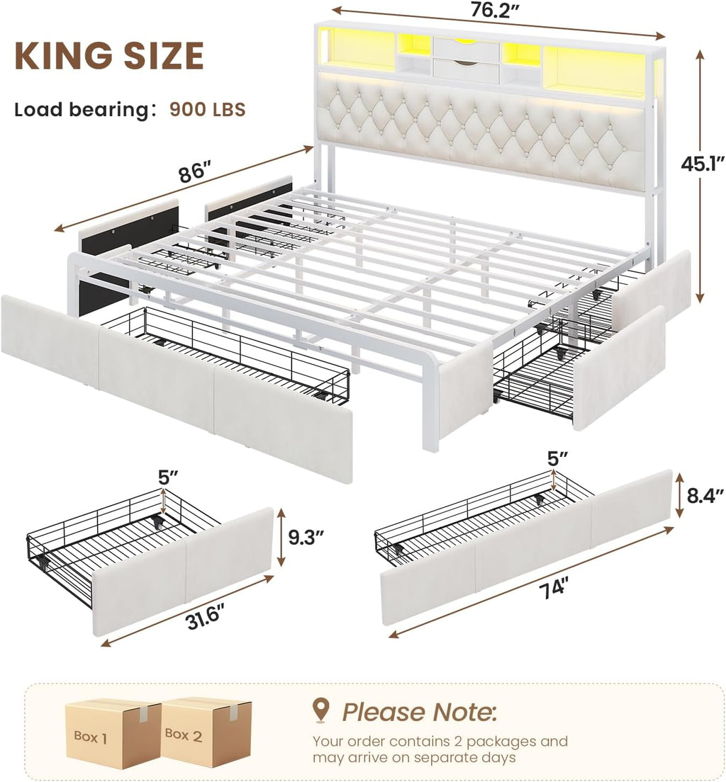 BTHFST Modern King Bed Frame with 5 Drawers & 2-Tier Storage Headboard, Velvet Upholstered Platform Bed with LED Lights and Charging Station, No Noise, No Box Spring Needed, Easy Assembly, Beige
