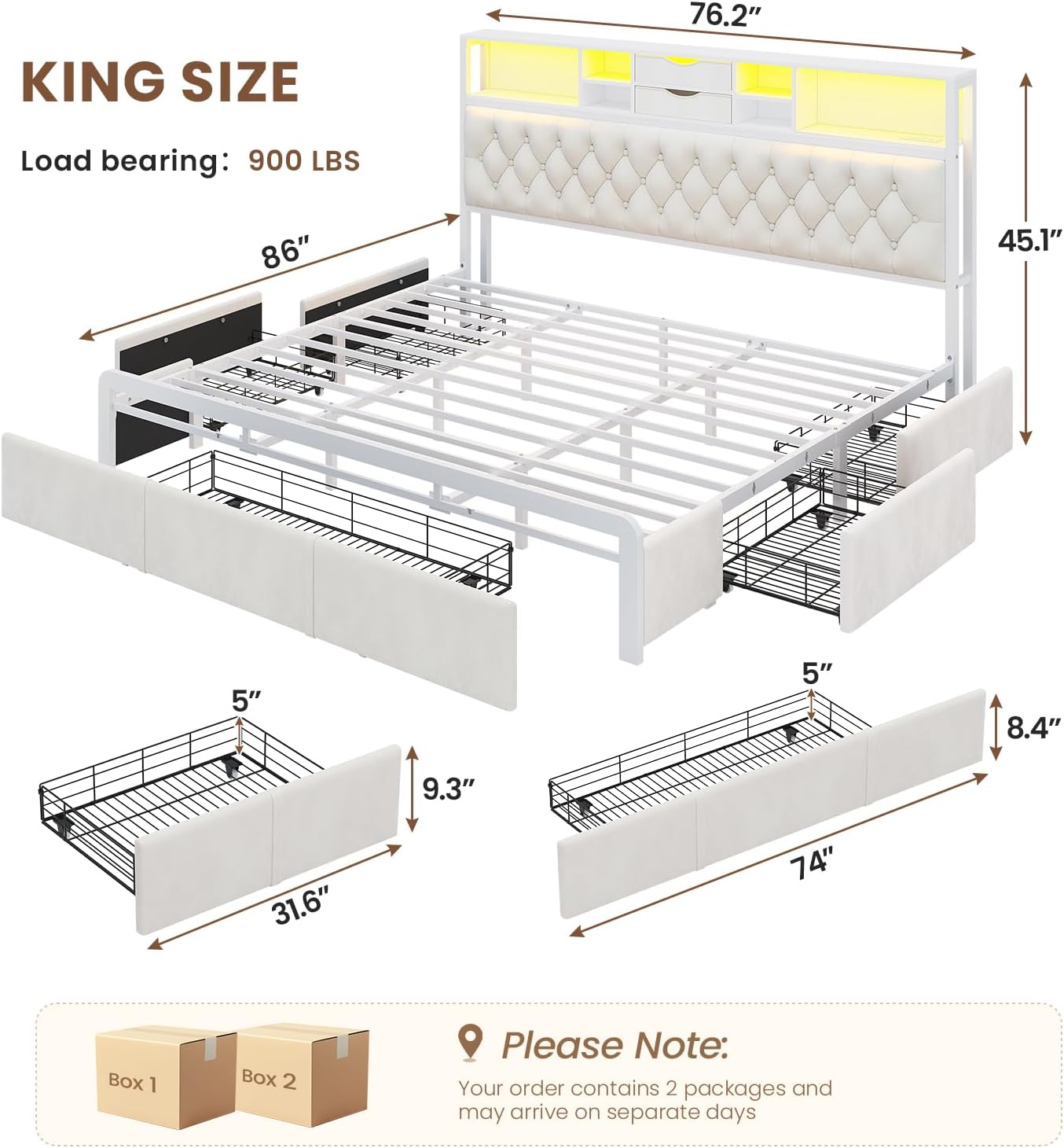 BTHFST Modern King Bed Frame with 5 Drawers & 2-Tier Storage Headboard, Velvet Upholstered Platform Bed with LED Lights and Charging Station, No Noise, No Box Spring Needed, Easy Assembly, Beige