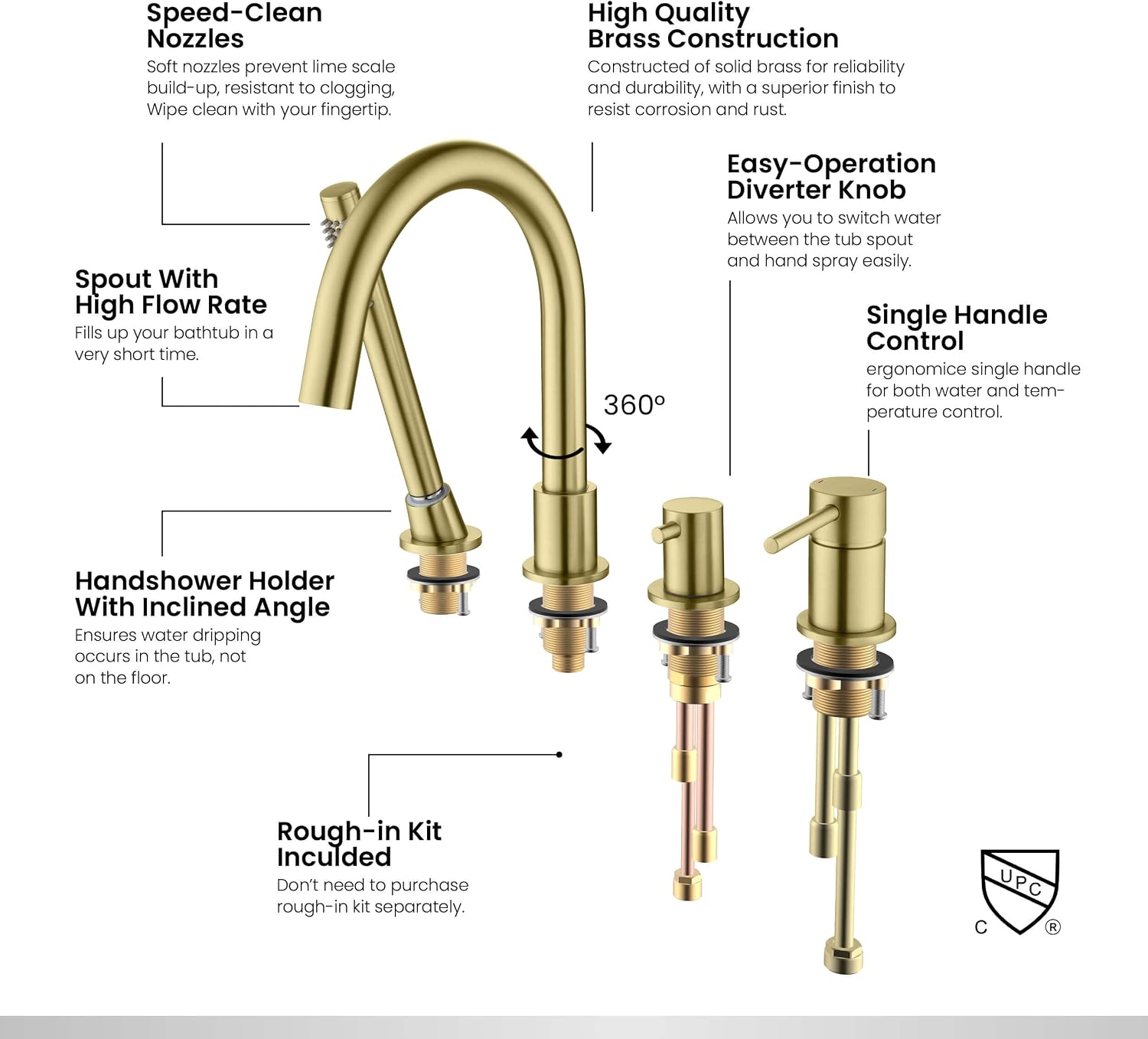KIBI Circular Roman Tub Faucet with Hand Shower, Deck Mounted Bathtub Faucet Set – Single Handle Solid Brass Bathroom Tub Filler with Diverter, Brushed Gold (KTF3101)