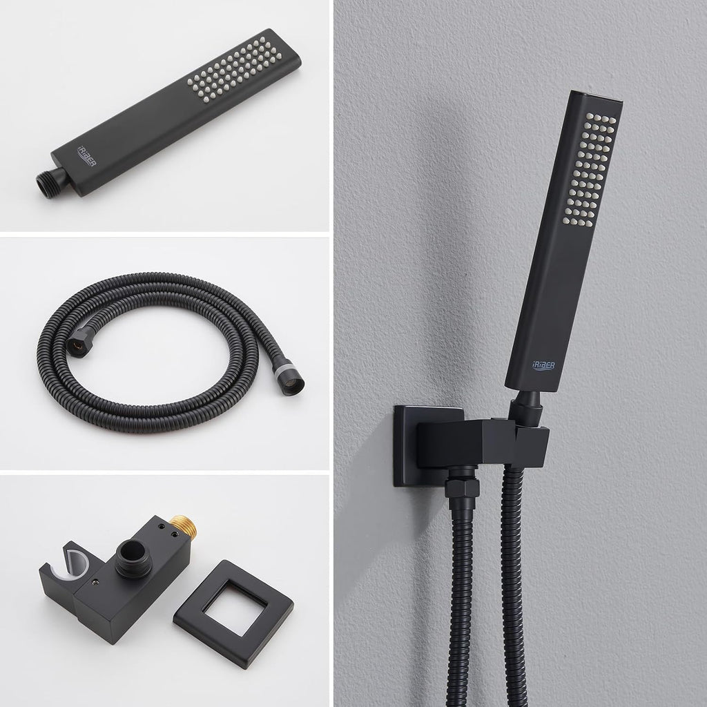 Iriber Mattle Black Square Rain Shower System with 4 PCS Body Jets 3 Function Shower Faucet Set Contain 12 Inch Shower Head and Handheld Wall Mounted Pressure Balance Shower Trim Kit (Valve Included)