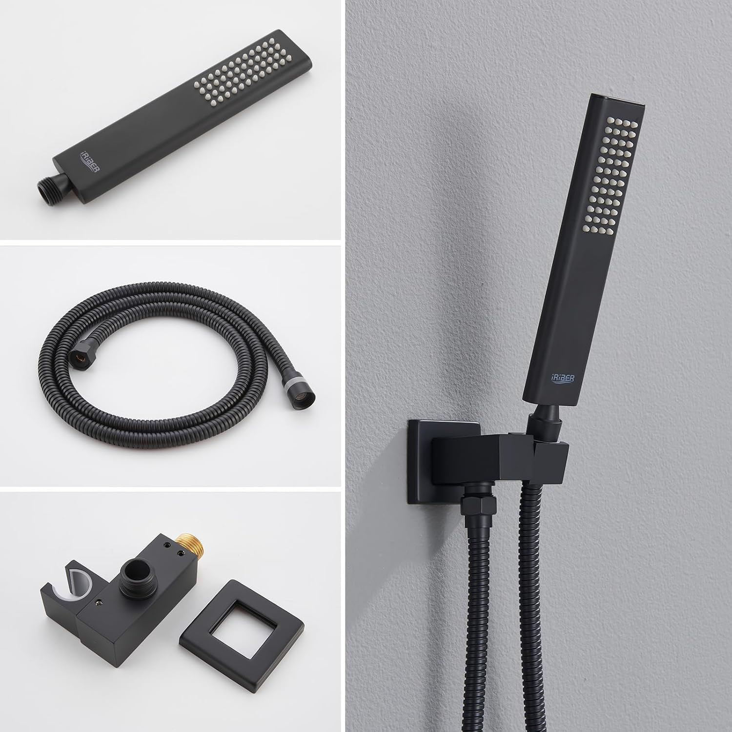 Iriber Mattle Black Square Rain Shower System with 4 PCS Body Jets 3 Function Shower Faucet Set Contain 12 Inch Shower Head and Handheld Wall Mounted Pressure Balance Shower Trim Kit (Valve Included)