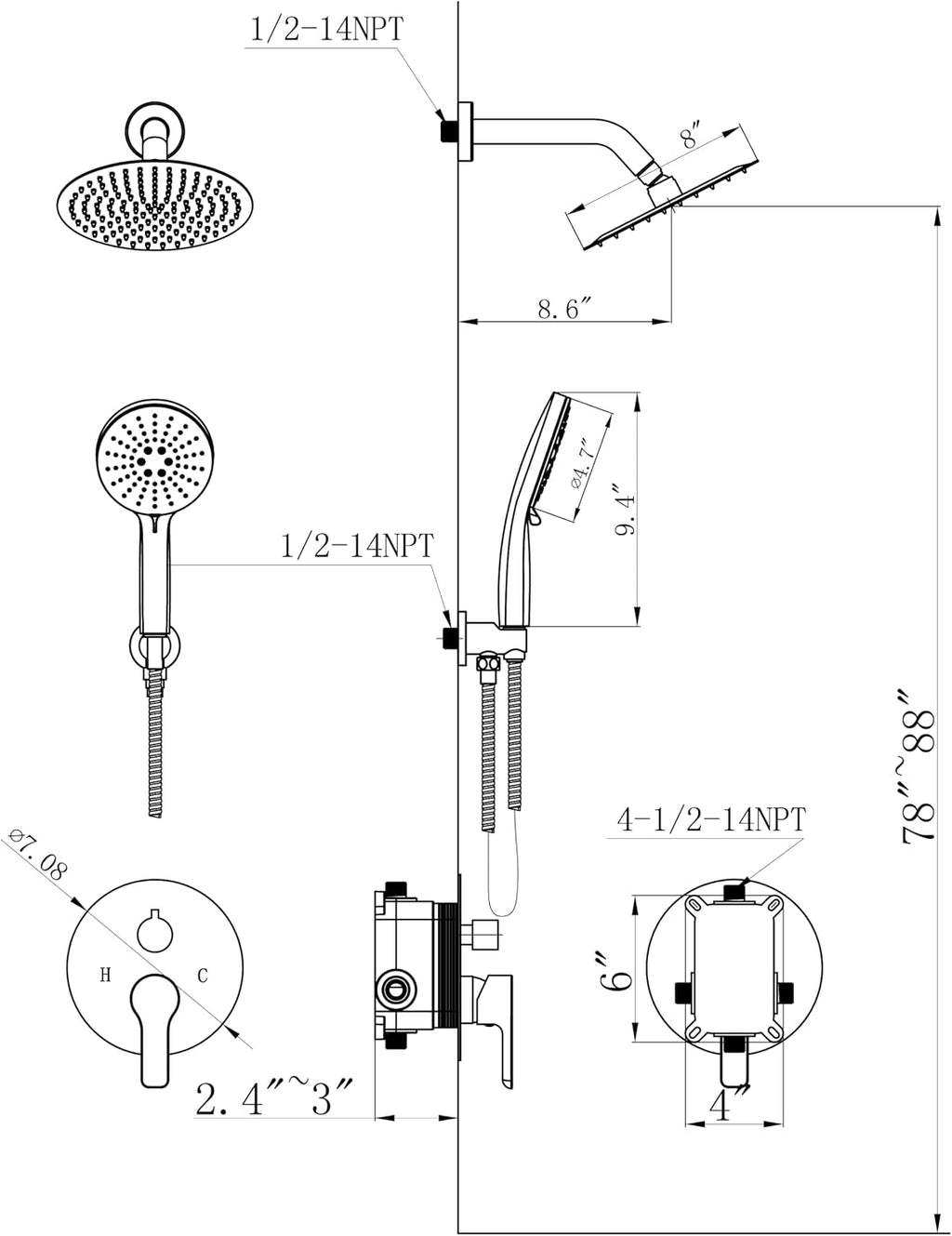 Shower Faucet Set 8IN Brass Rough-In Valve Body Trim Kit Rainfall Included Handle Accessories Complete 2 Functions with Rain Head and Handheld Bathroom Systems (8'', Chrome Polished)