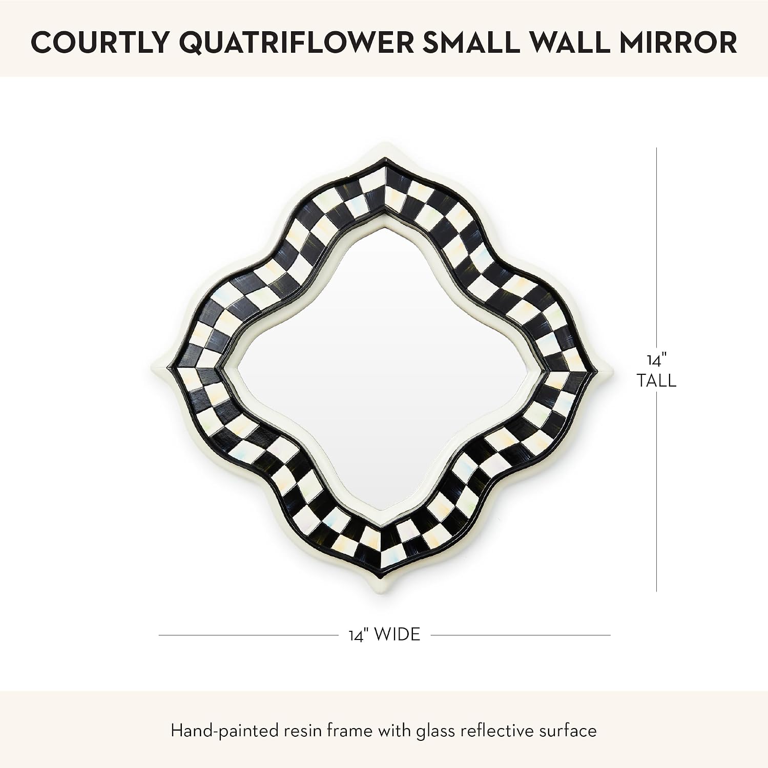 MACKENZIE-CHILDS Quatriflower Small Wall Mirror, Diamond Mirror Wall Decor, Black-and-White Courtly Check