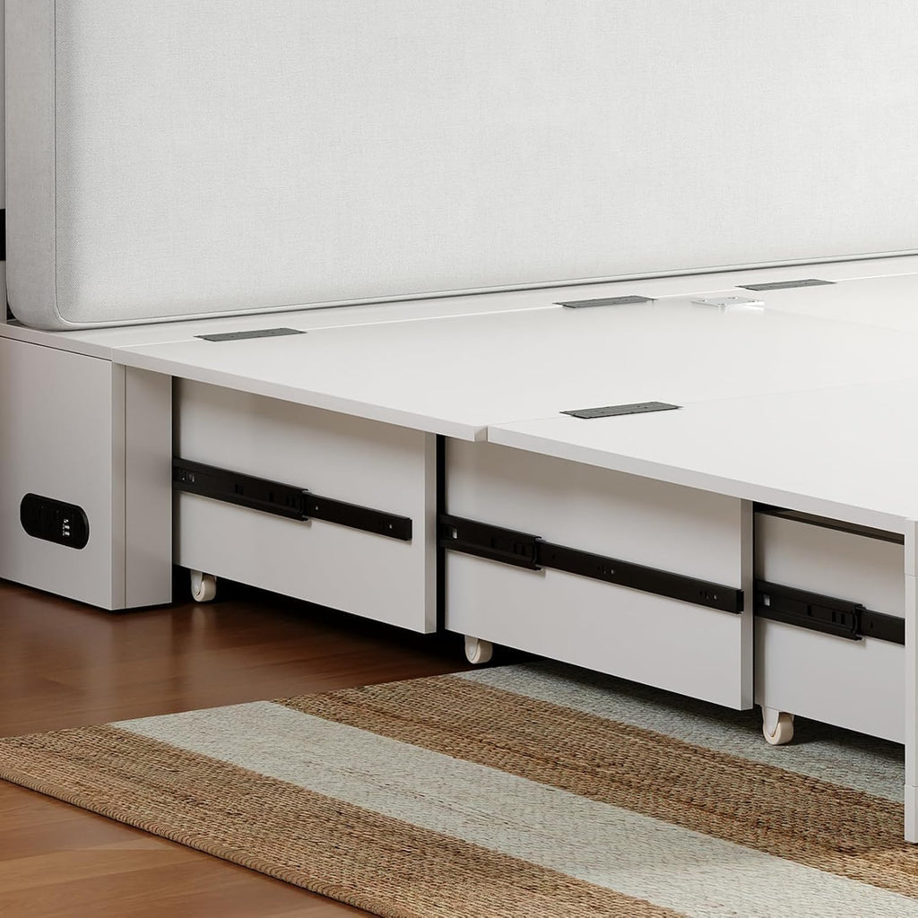 ijuicy Full Size Murphy Bed with Mattress & Extra Large Drawers, Multifunctional Cabinet Bed with USB Charging Station, Farmhouse Murphy Beds Chest for Home (Mattress Included, White & Brown)