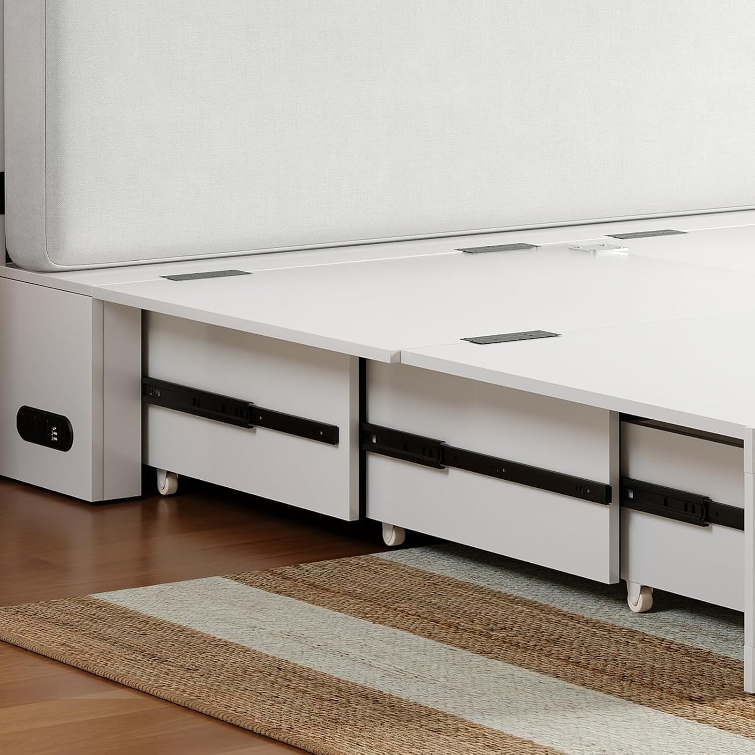 ijuicy Full Size Murphy Bed with Mattress & Extra Large Drawers, Multifunctional Cabinet Bed with USB Charging Station, Farmhouse Murphy Beds Chest for Home (Mattress Included, White & Brown)