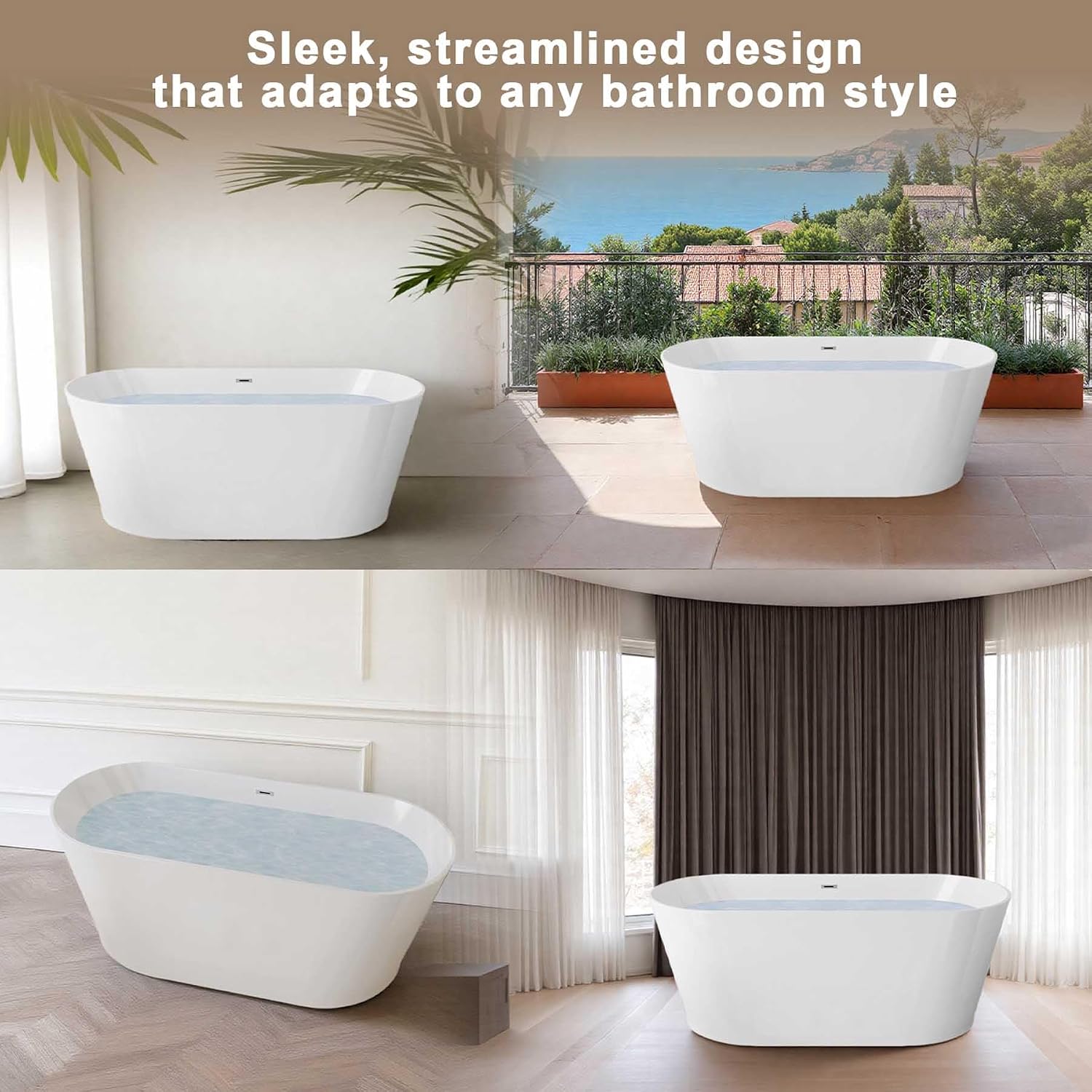 55' Oval Freestanding Soaking Bathtub with Toe-Tap Chrome Drain, Stand Alone Tub, Acrylic Soaking Tub, Ergonomic (Gloss White, 55')