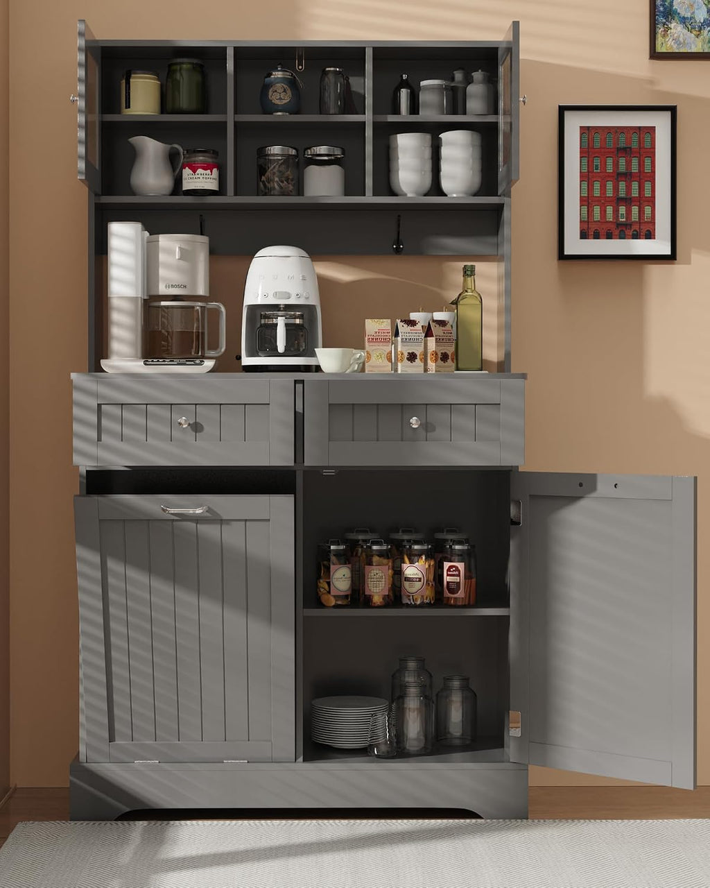 Tilt Out Trash Cabinet,Storage Cabinet,Two Solid Wood Hideaway Trash Holder Drawers,Wooden Freestanding Recycling Cabinets,Trash Can for Kitchen,Gray