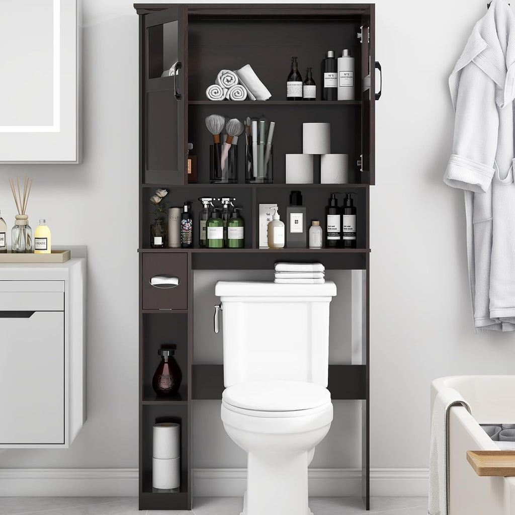 Over The Toilet Storage Cabinet, Storage Cabinet Over Toilet with Double Doors & Toilet Paper Holder Stand, Freestanding Toilet Shelf Space Saver with Anti-Tip Design & Adjustable Shelf, Espresso