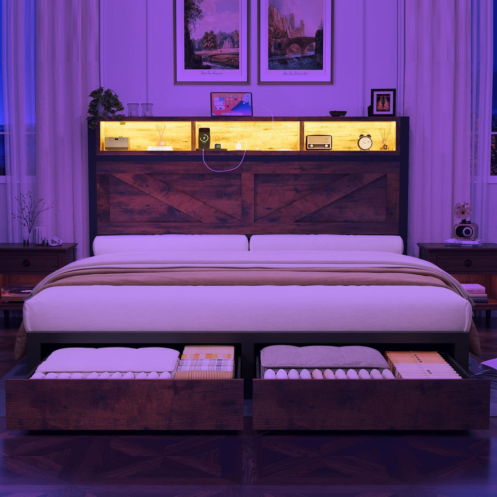 Incyneva Farmhouse Queen Bed Frame with Bookcase Storage Headboard, Charging Station, LED Light and 2 Storage Drawers, Noise Free, No Box Spring Needed, Brown