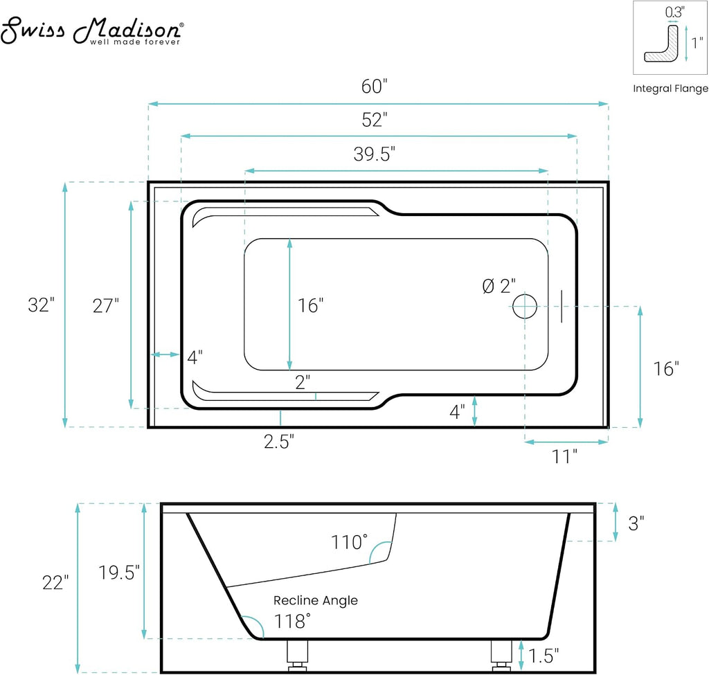 Swiss Madison Voltaire 60 x 32 Skirted Right Drain Soaking Apron Bathtub in Glossy White with Integrated Overflow and Armrest, Drain Included