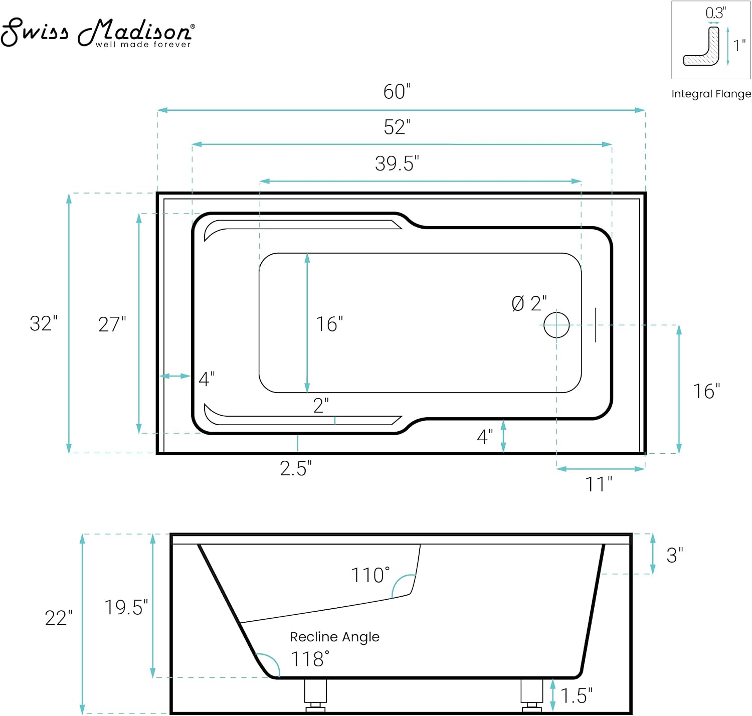 Swiss Madison Voltaire 60 x 32 Skirted Right Drain Soaking Apron Bathtub in Glossy White with Integrated Overflow and Armrest, Drain Included