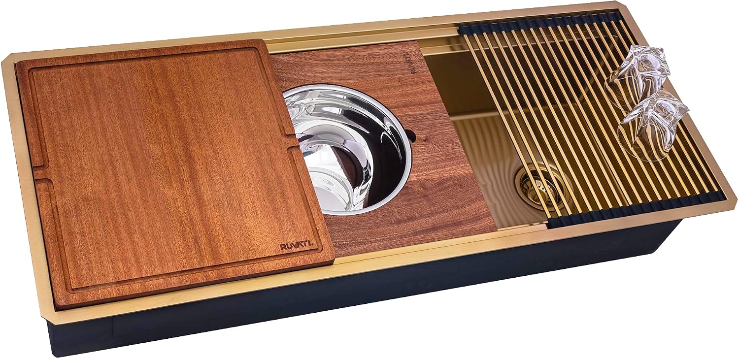 Ruvati 45-inch Polished Brass Matte Gold Stainless Steel Workstation Two-Tiered Ledge Undermount Kitchen Sink - RVH6333GG