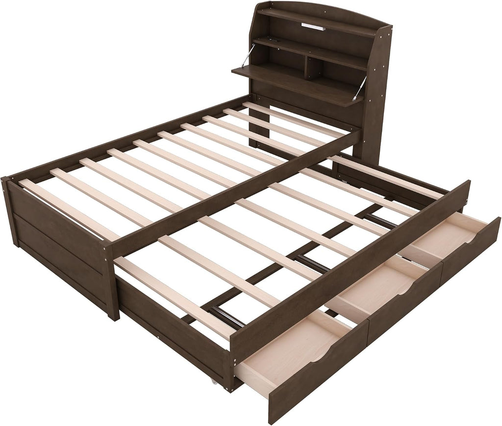Multi-Function Twin Size Platform Bed with Trundle and 3 Drawers, Wood Captain Platform Bed Frame with Storage Headboard and Night Light, Maximized Space, Brown-d1