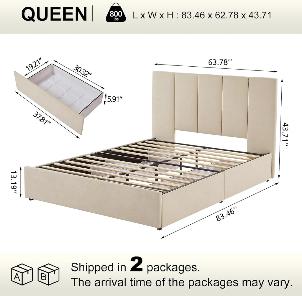 VELOCAVA Queen Size Upholstered Storage Bed Frame with 4 Drawers, Modern Linen Platform Bed with Vertical Channel Headboard, Sturdy Wood Slats, Under Bed Storage, No Box Spring Needed, Beige