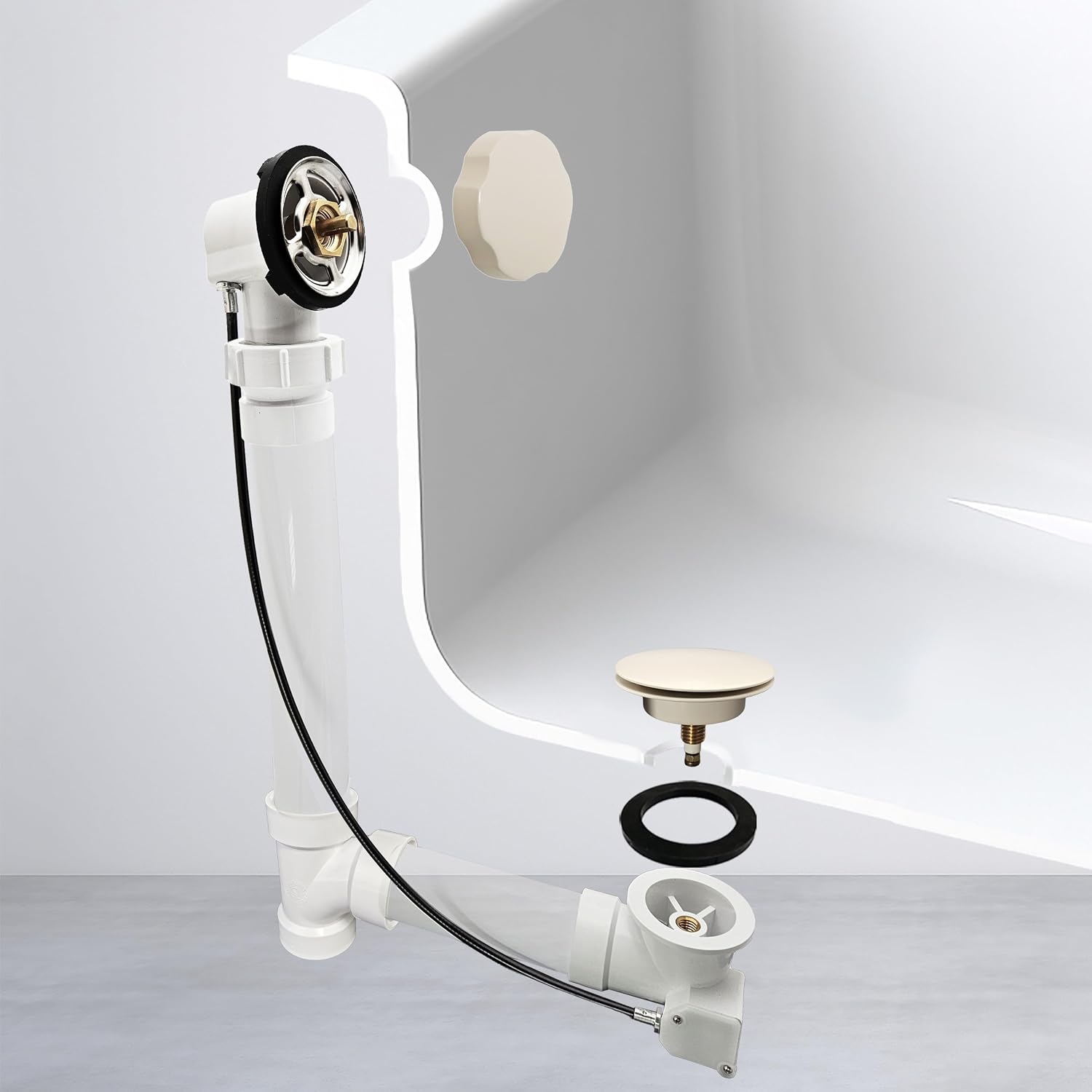 Westbrass A50P35BJ-65 1-1/2' Sch. 40 PVC 35' Cable Driven Bath Waste Kit with Ball Joint Head and Brass Trim Drain Kit, Biscuit