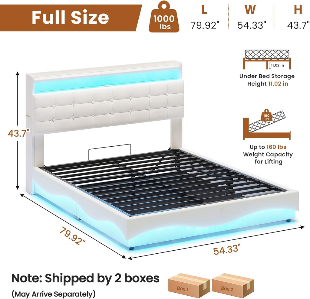 ADORNEVE Lift Up Storage Full Bed Frame with LED Lights, Hidden Storage Headboard and Charging Station, Upholstered Platform Bed, LED Bed with Hydraulic, No Box Spring Needed, Creamy White