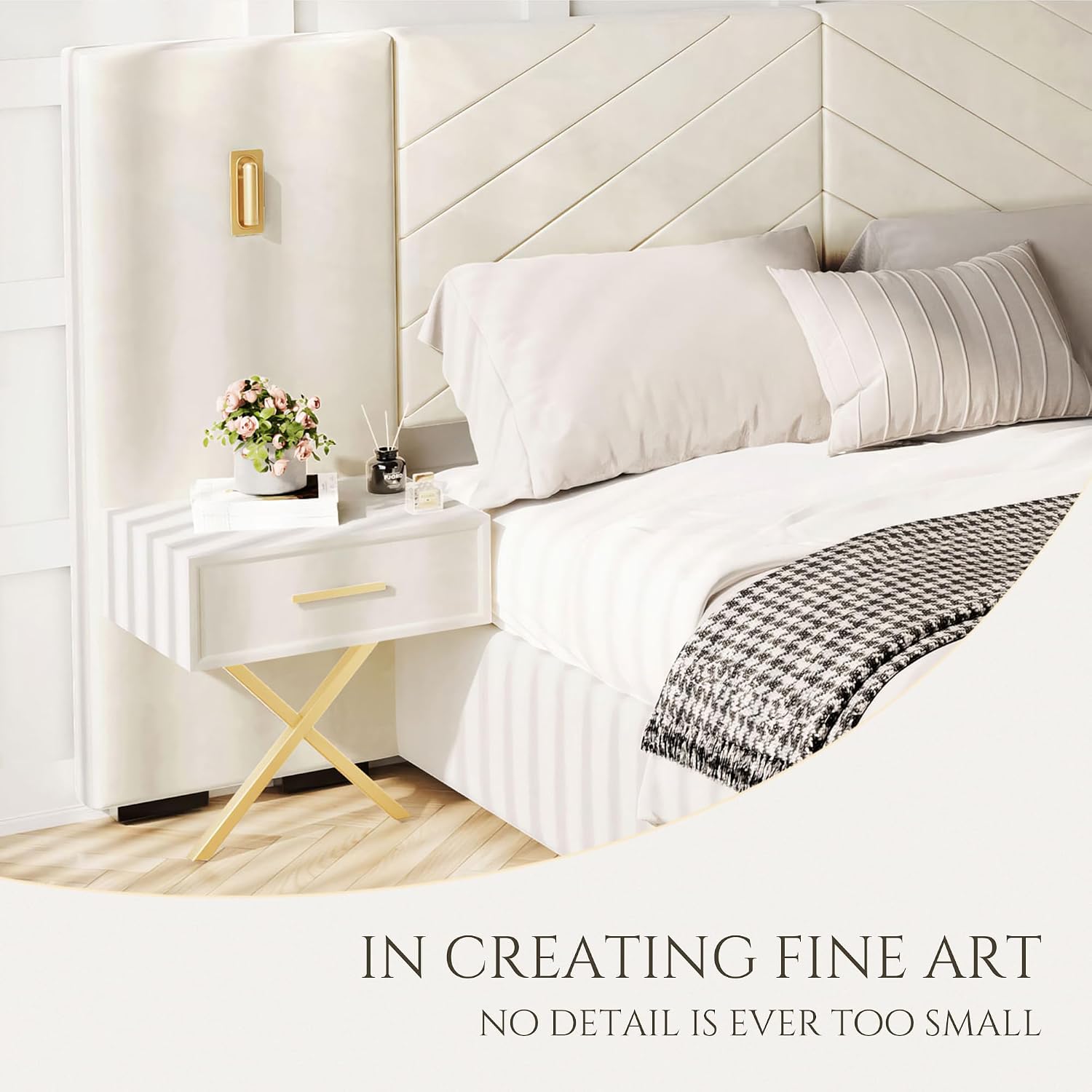 Luxurious Queen Platform Bed Frame, Velvet Upholstered Headboard with 2 Built-in Wall Sconces & Nightstands, Sturdy Metal & Solid Wood Frame, Squeak-Free, No Box Spring Needed, Beige White