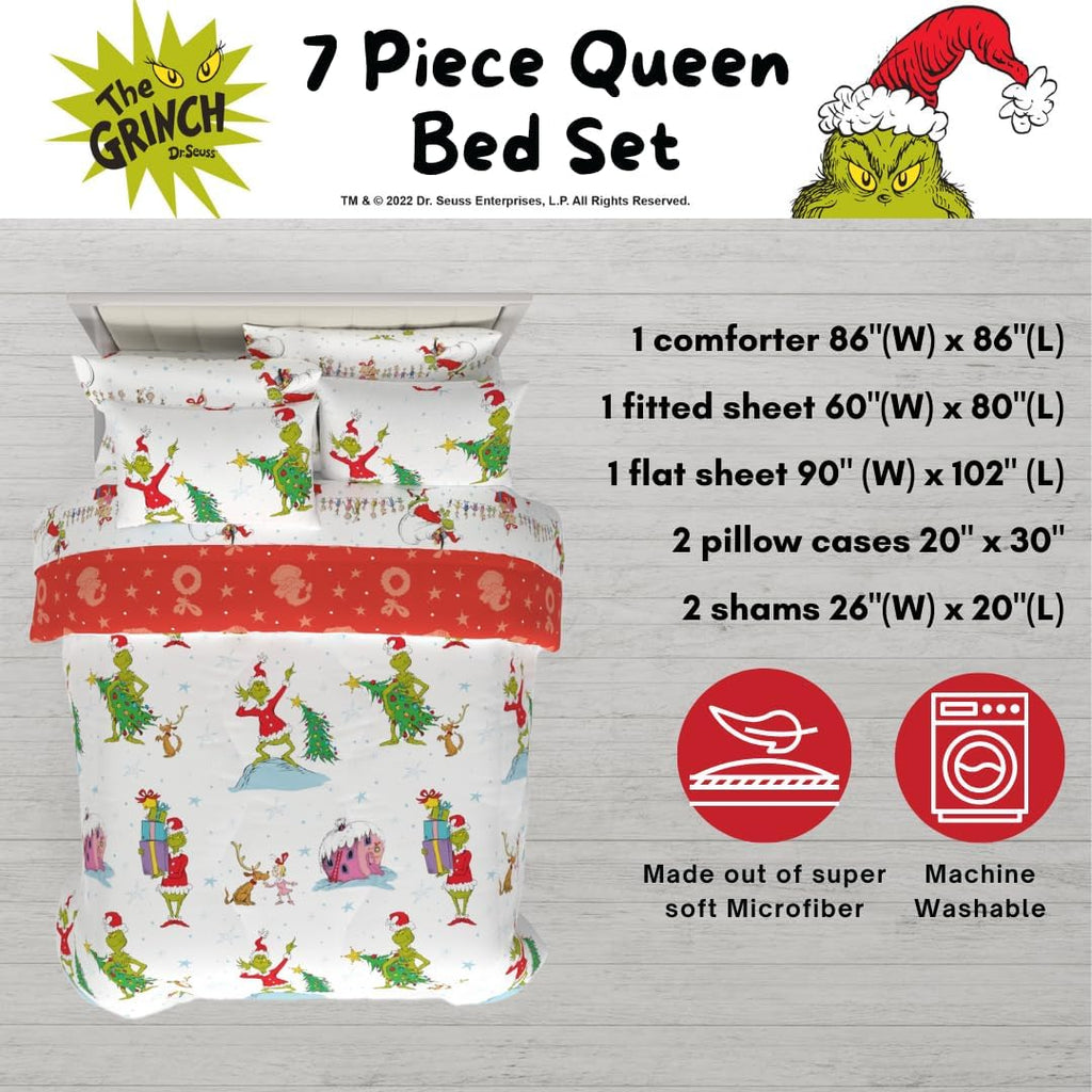 Grinch By Dr. Seuss Holiday & Christmas Bedding Super Soft Comforter and Sheet Set with Sham, 7 Piece Queen Size (Official Dr. Seuss Product) By Franco