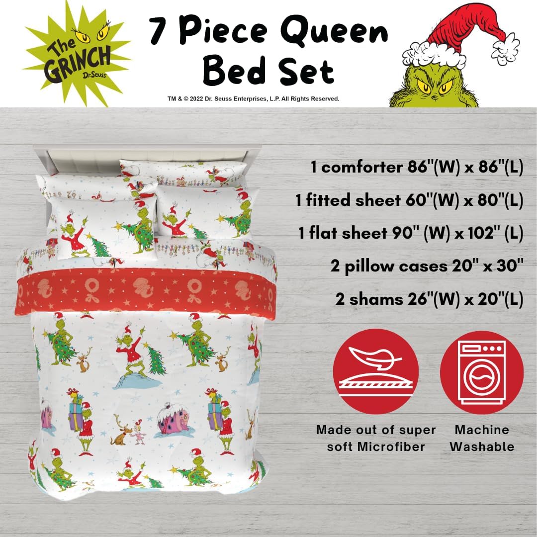 Grinch By Dr. Seuss Holiday & Christmas Bedding Super Soft Comforter and Sheet Set with Sham, 7 Piece Queen Size (Official Dr. Seuss Product) By Franco