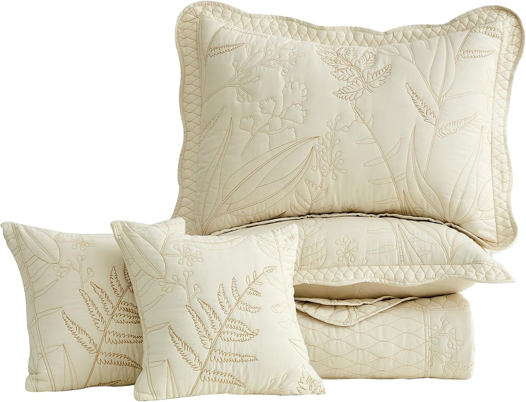 DaisyHuang Botanical Oversized Bedspread Queen Size - Leaves Pattern Stitching Quilt Set - Elegant & Fresh Style Bedding Coverlets, Reversible, Lightweight, 5 Piece, Ivory