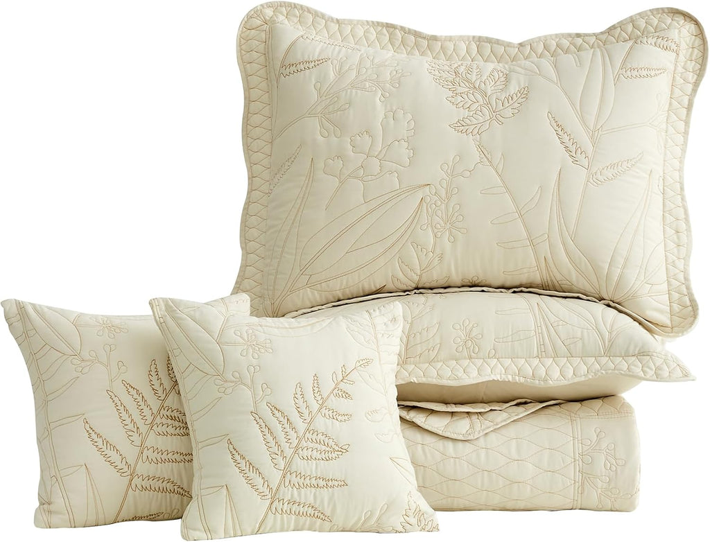 DaisyHuang Botanical Oversized Bedspread King Size - Leaves Pattern Stitching Quilt Set - Elegant & Fresh Style Bedding Coverlets, Reversible, Lightweight, 5 Piece, Ivory