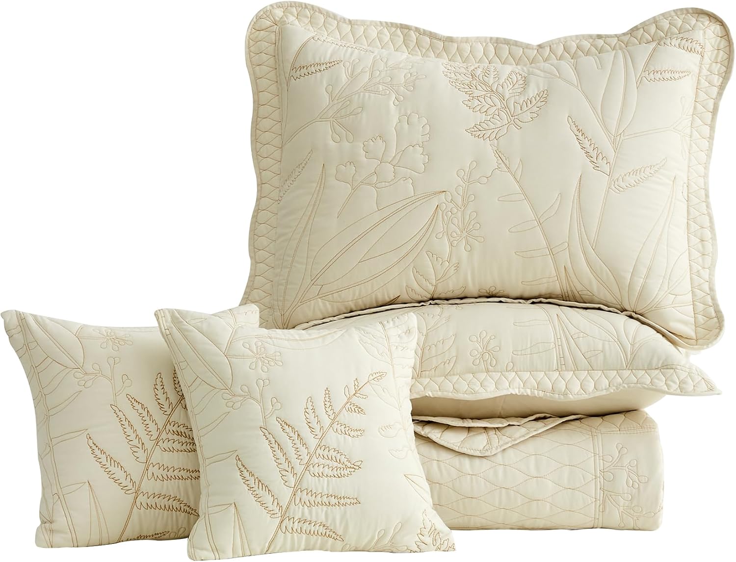 DaisyHuang Botanical Oversized Bedspread King Size - Leaves Pattern Stitching Quilt Set - Elegant & Fresh Style Bedding Coverlets, Reversible, Lightweight, 5 Piece, Ivory
