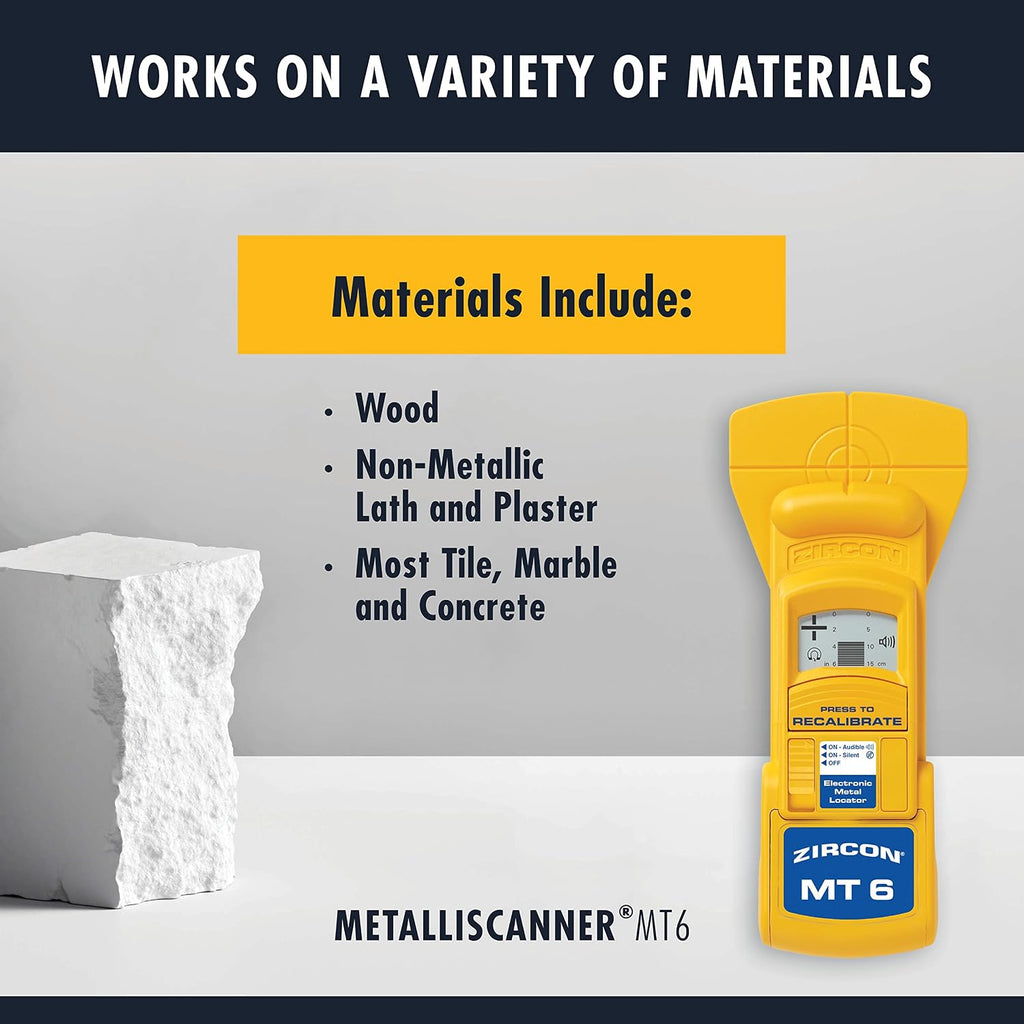 Zircon MetalliScanner MT6 Professional Metal Detector – Deep-Scanning Handheld Metal Locator for Ferrous and Non-Ferrous Metals – Detects Pipes, Rebar, and Studs in Walls, Floors, and Concrete, Yellow