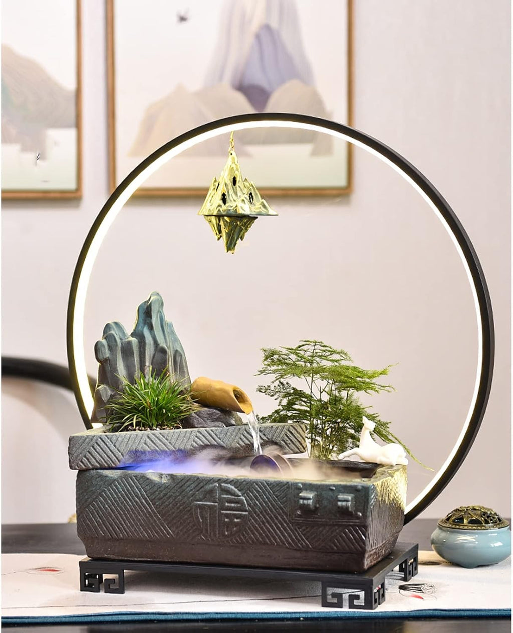 Tabletop Fountain Indoor Fountain Ceramics Tabletop Fountain with LED Lights Zen Waterfall Fountains Relaxation Water Feature Meditation Desktop Fountain for Home Office Decor Indoor Fountain