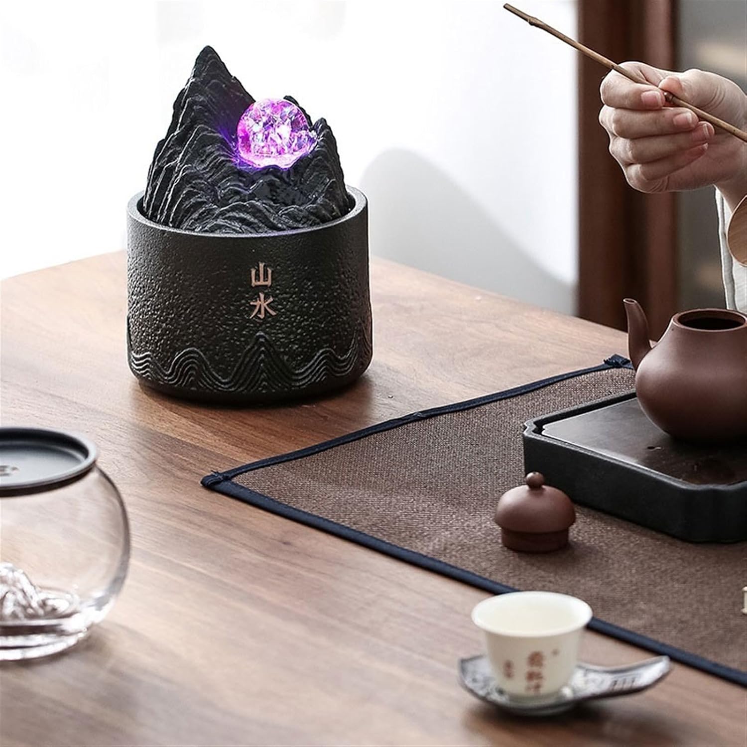 Indoor Fountain Ceramic Ornaments for Home, Office, Wigwam, Flowing Water Cycle, Small Desktop Fountain, Water Features Attracting Wealth Tabletop Fountain (Black)