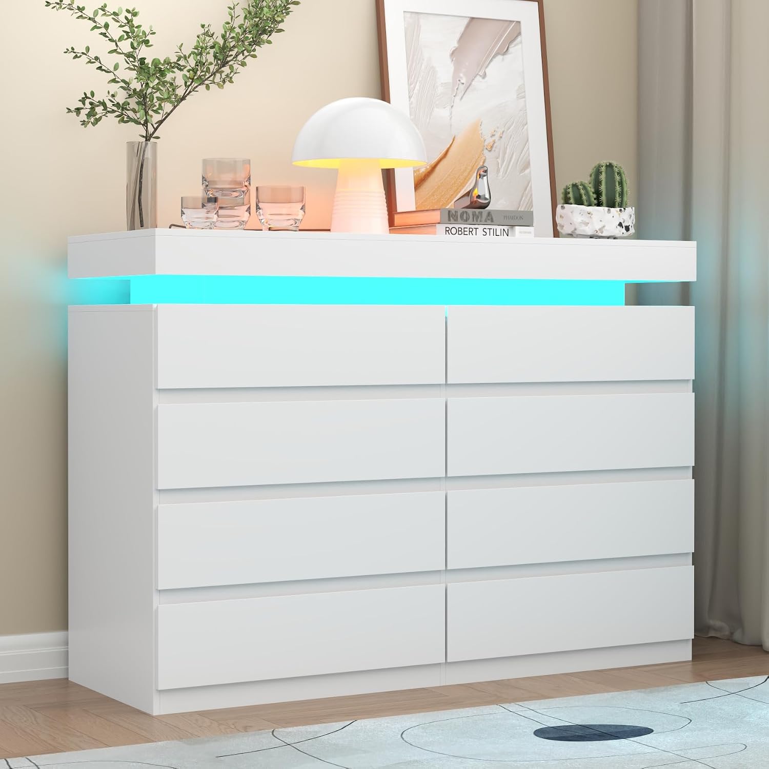 Gyfimoie 8 Drawer Dresser with Power Outlet, Dresser with LED Light, Modern Chest of Drawers for Closet, Double Wide Drawer Organizer Cabinet for Bedroom, Living Room (White, 8 Drawers)