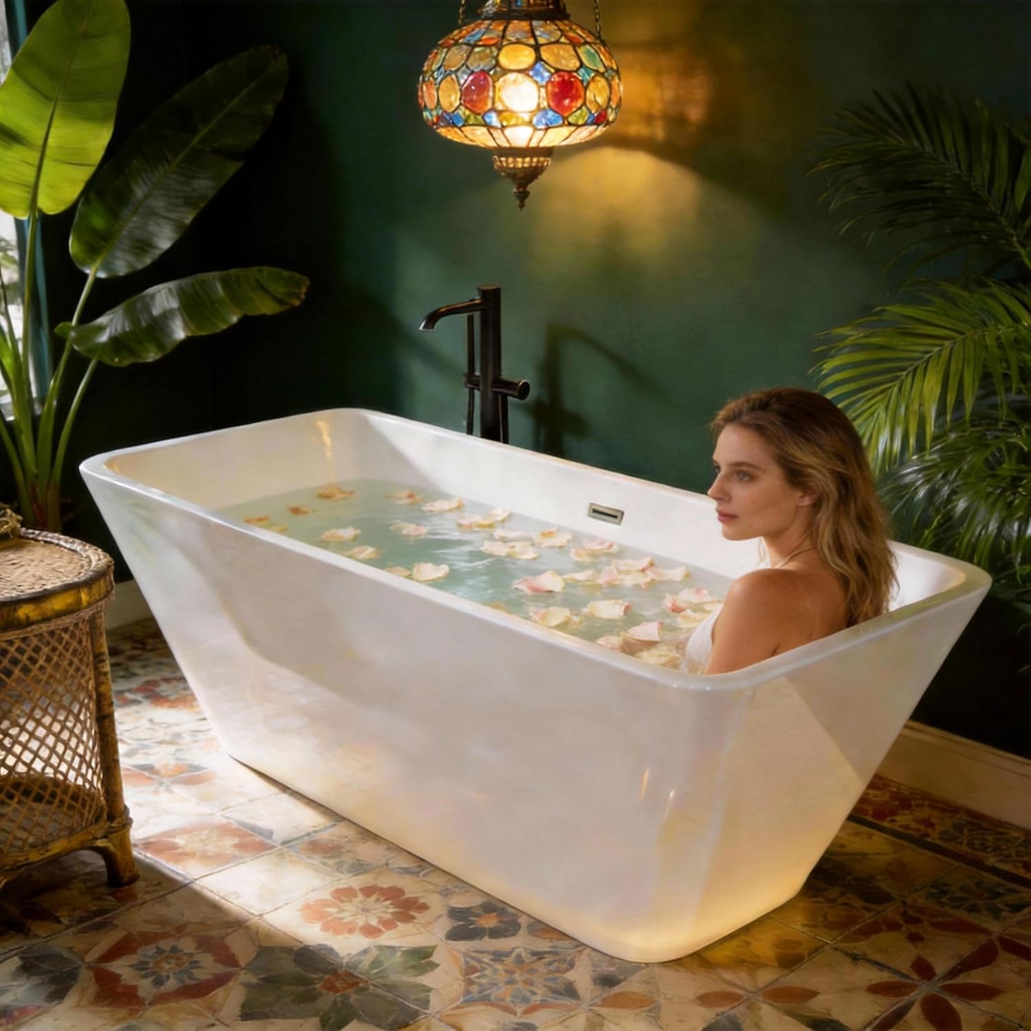 66'Acrylic Freestanding Bathtub, Modern Soaking Tub with Matte Drain and Black Overflow, Glossy White, Deep Ergonomic Design, Double-Walled Insulation, CUPC Certified Bath Tub