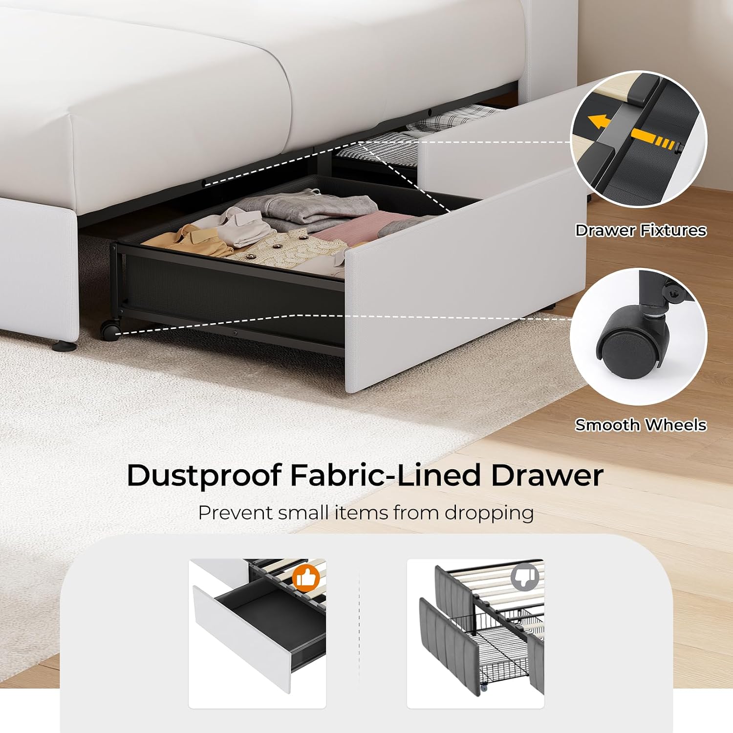 koorlian King Size Bed Frame with Storage, 51'' Tall Headboard Upholstered Platform Bed with 4 Dustproof Drawers, 2-Tier Storage Headboard Wingback, LED Light, Charging Station, Easy Assembly, White