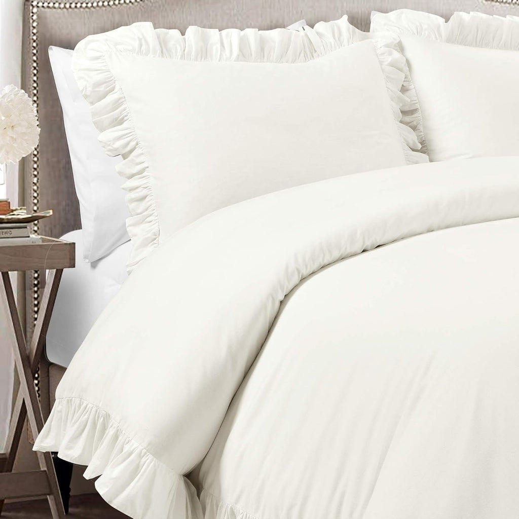 Lush Decor Reyna Ruffle Cotton Duvet Cover Set 3 Piece Set California King, White - King Size Bedding Set - White Duvet King - Ruffled Bedding - Coquette Decor