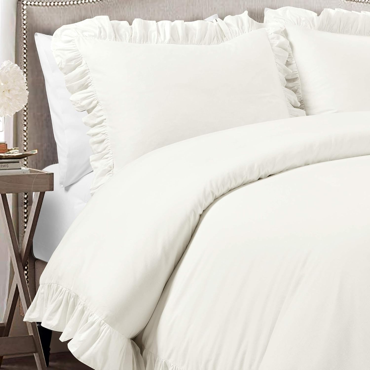 Lush Decor Reyna Ruffle Cotton Duvet Cover Set 3 Piece Set California King, White - King Size Bedding Set - White Duvet King - Ruffled Bedding - Coquette Decor