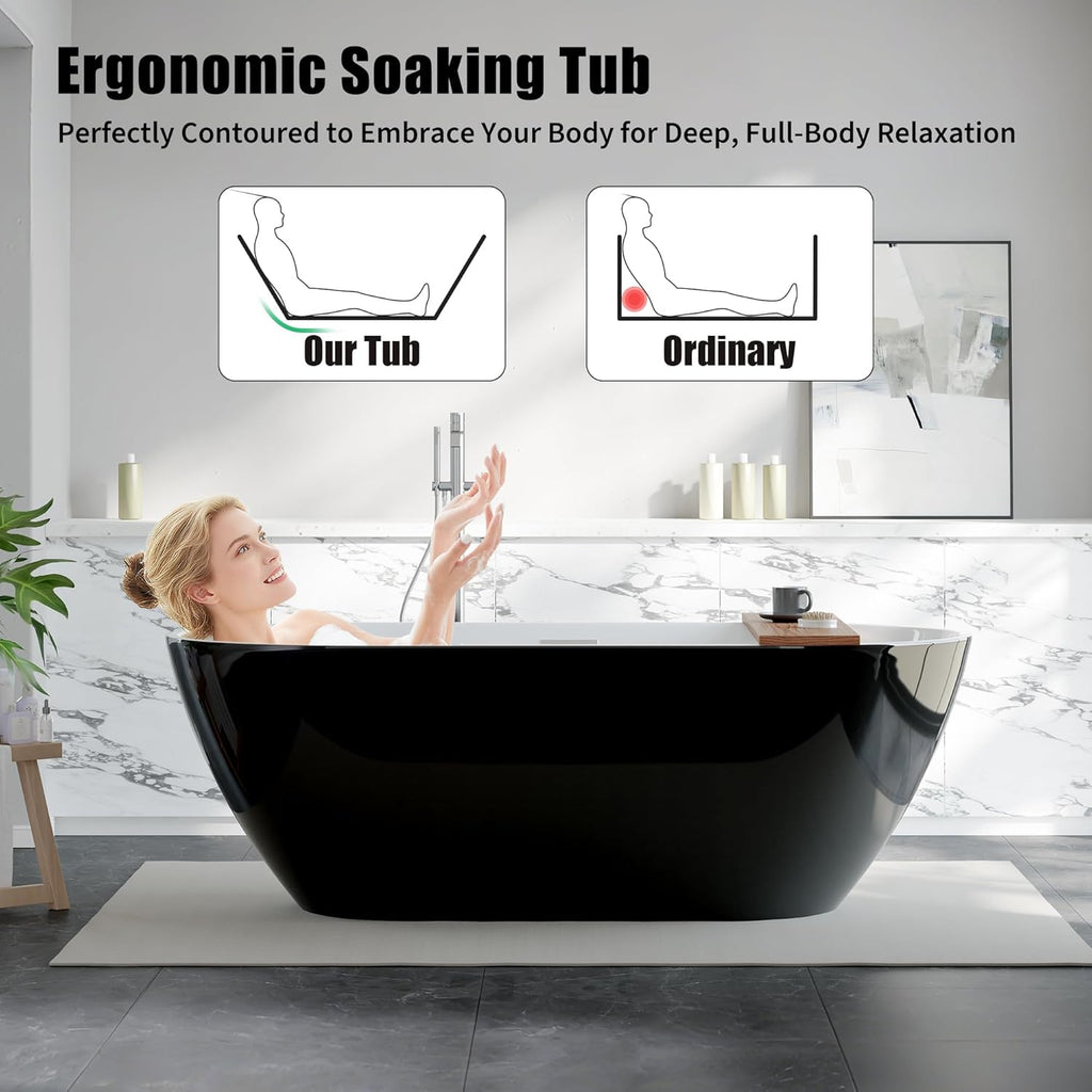 Freestanding Bathtub 59 inch Black and White Acrylic Tub, Compact Soaking Bath for Bathroom Upgrade and Comfortable Home Relaxation