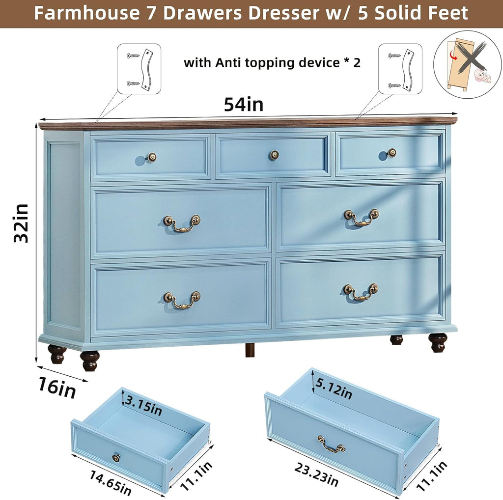 Joaxswe Farmhouse Dresser and Nightstand Sets 3 Piece, Nightstands Set of 2 and 7 Drawers Dressers for Bedroom, 54' Wide Dresser and 24' Inch Night Stand Set for Bedroom, Living Room, Hallway